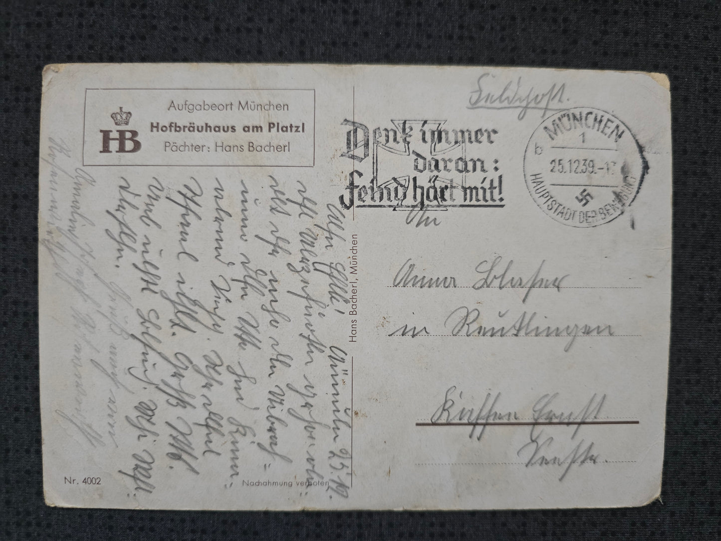 Postkarte in Form eines Telegramm Hofbräuhaus München 1939