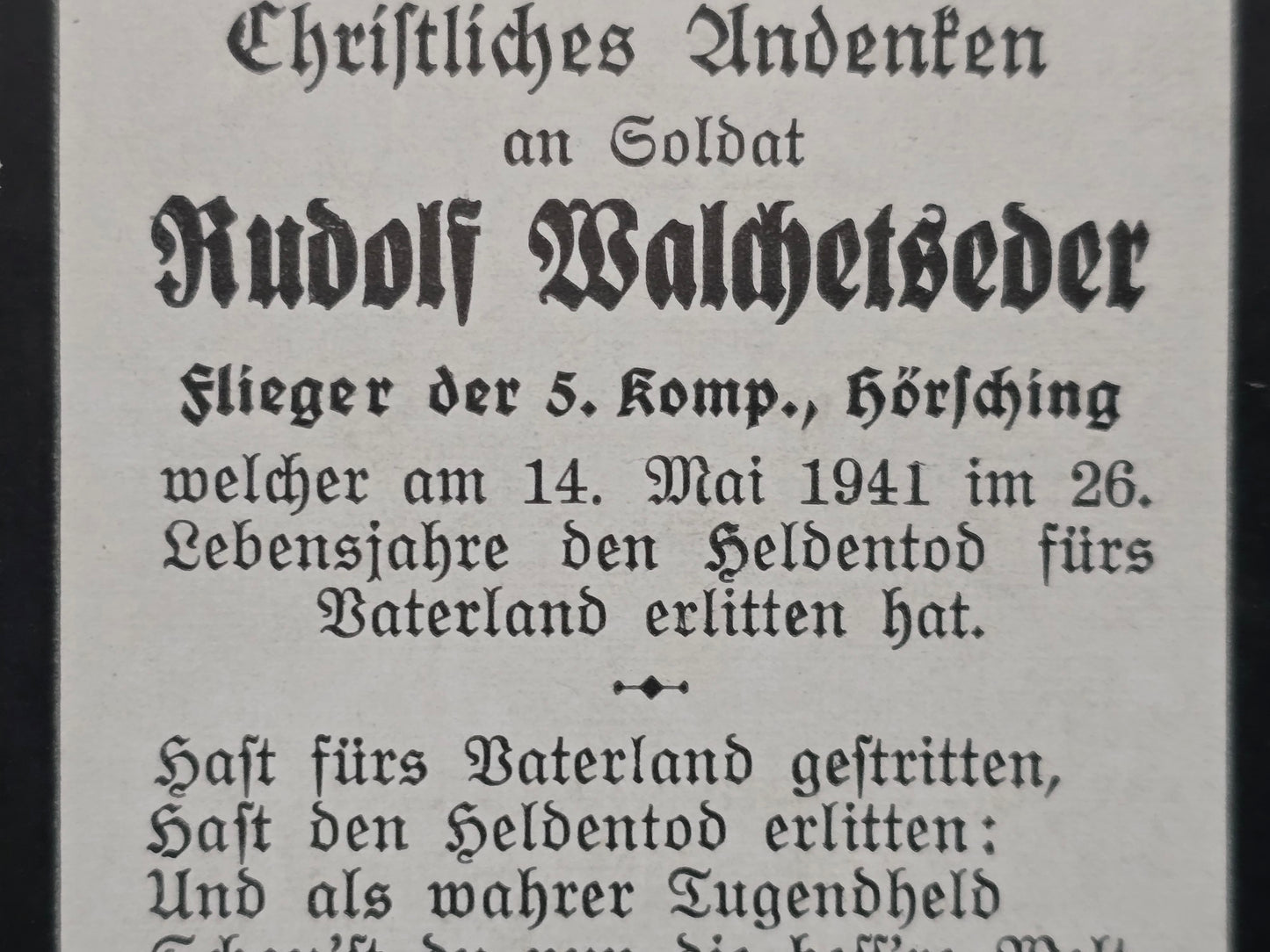 Sterbebild Gefreiter Grein Flieger 5. Komp. Kampffliegerschule Abt. II Hörsching Linz Österreich