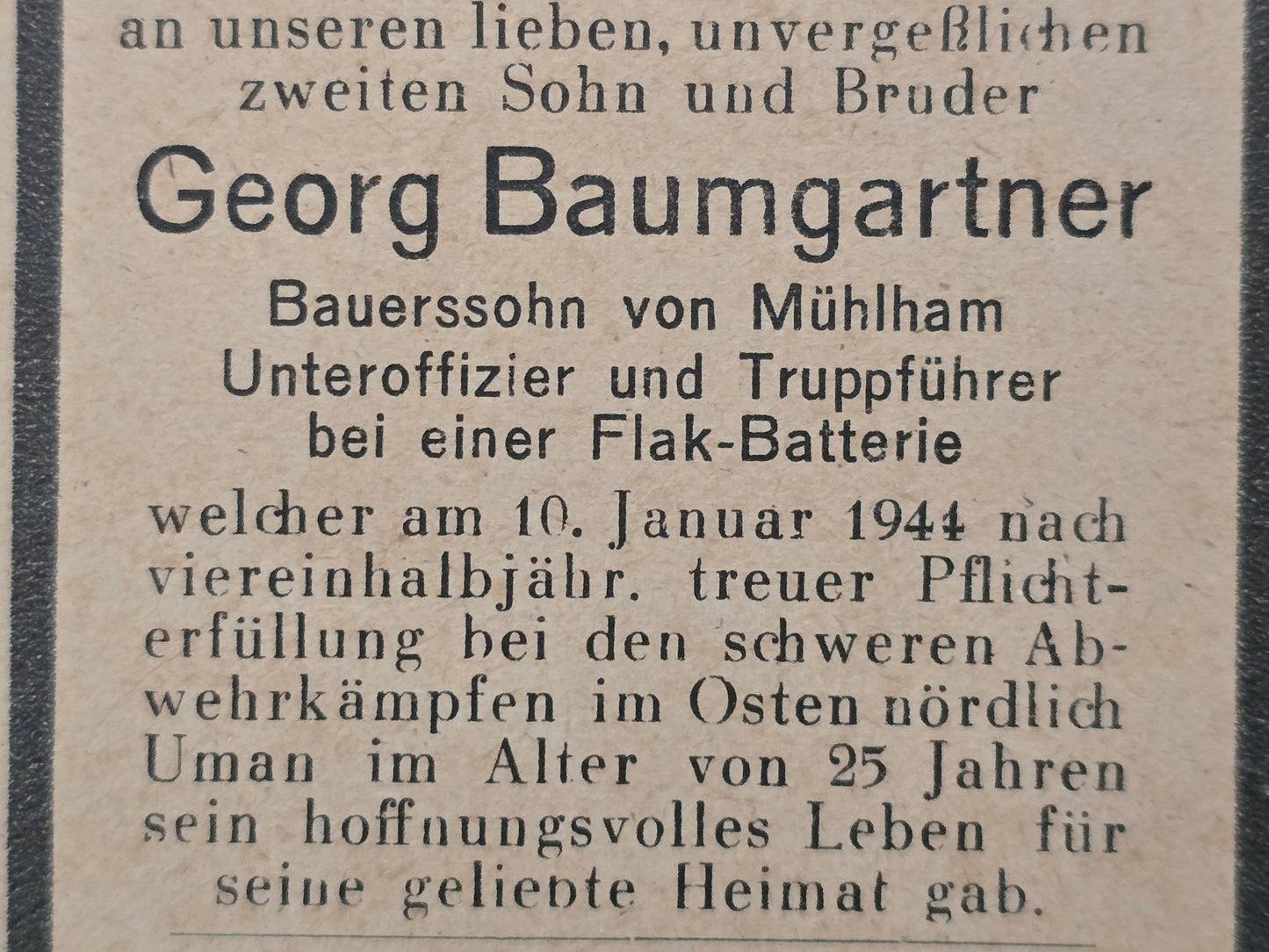 Sterbebild Unteroffizier Mühlham Truppführer 3. Flak-Regt. 4 Kolnityk Ukraine