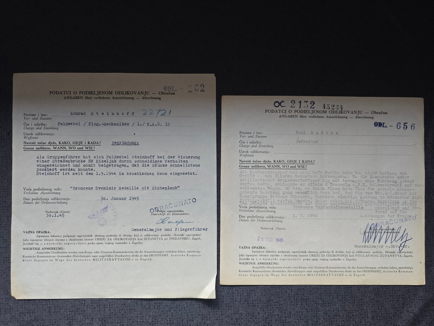 2 x Verleihungsurkunde (kroatisch) Feldwebel 1./N.A.G. 12 Bronzene Zvonimir Medaille + Gefreiter Bronzene Tapferkeitsmedaille