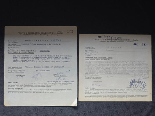 2 x Verleihungsurkunde (kroatisch) Feldwebel 1./N.A.G. 12 Bronzene Zvonimir Medaille + Gefreiter Bronzene Tapferkeitsmedaille