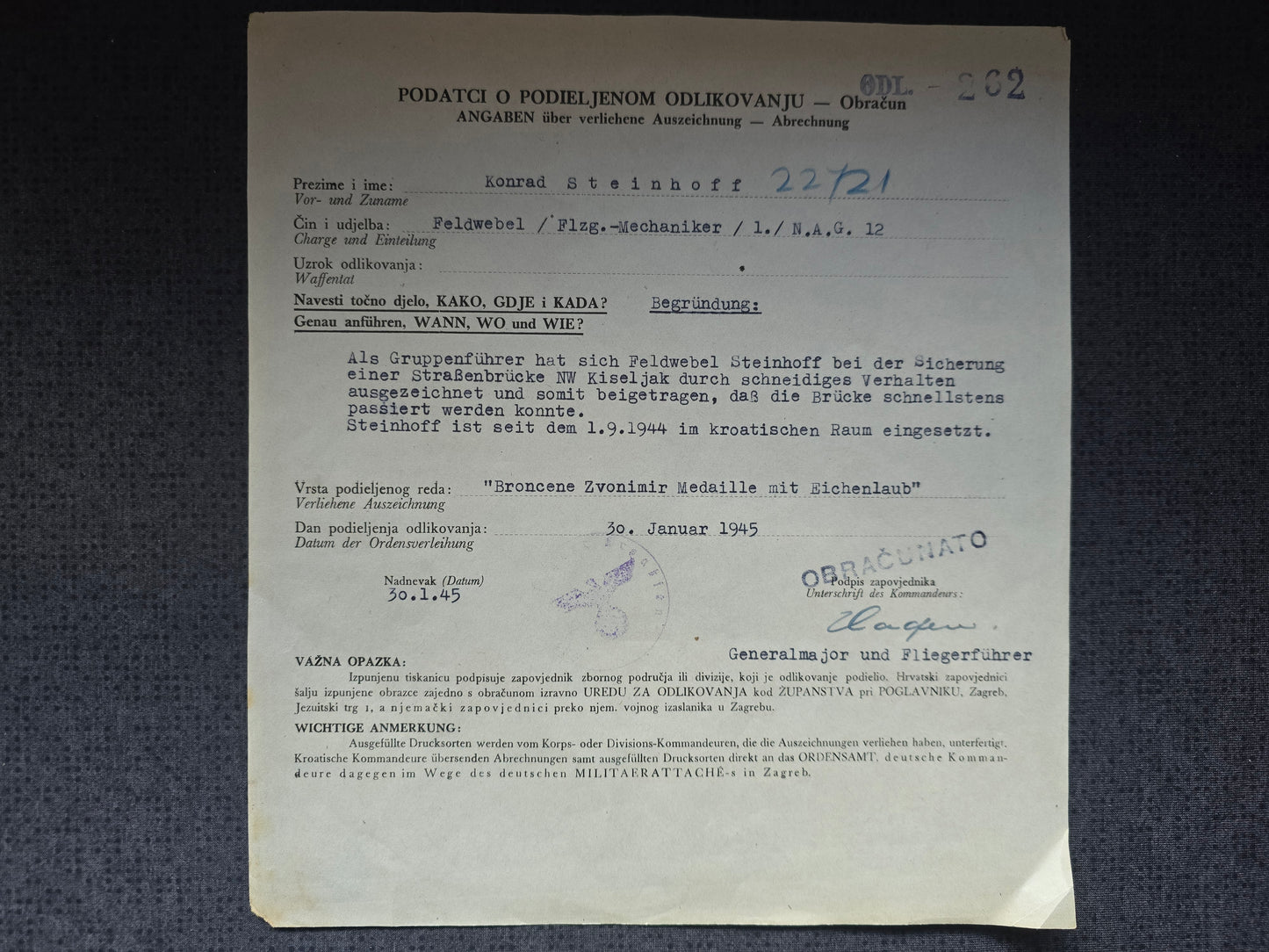 2 x Verleihungsurkunde (kroatisch) Feldwebel 1./N.A.G. 12 Bronzene Zvonimir Medaille + Gefreiter Bronzene Tapferkeitsmedaille