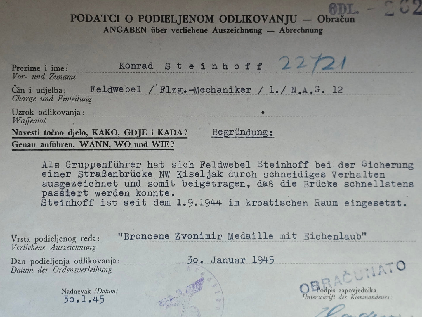 2 x Verleihungsurkunde (kroatisch) Feldwebel 1./N.A.G. 12 Bronzene Zvonimir Medaille + Gefreiter Bronzene Tapferkeitsmedaille
