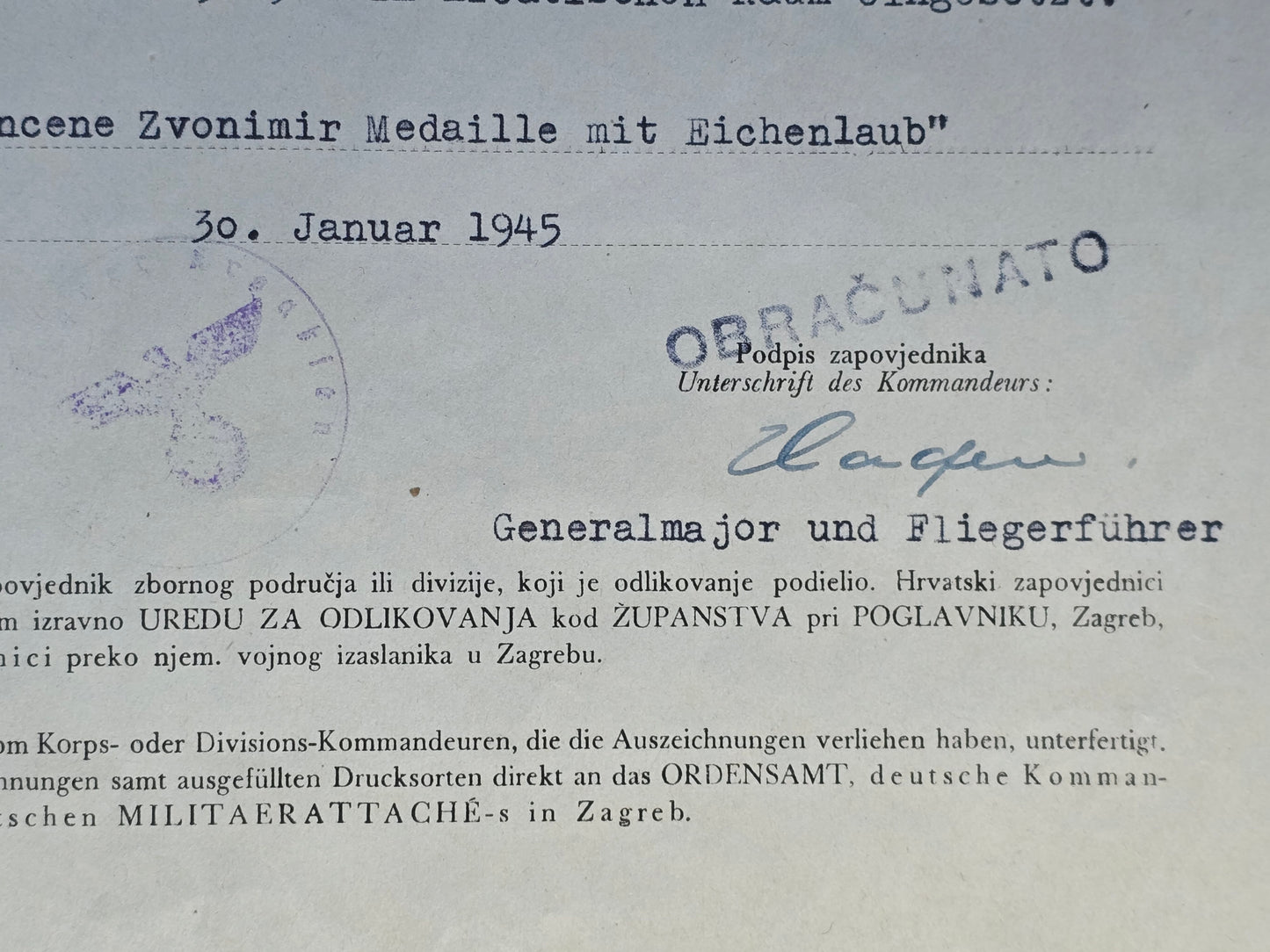 2 x Verleihungsurkunde (kroatisch) Feldwebel 1./N.A.G. 12 Bronzene Zvonimir Medaille + Gefreiter Bronzene Tapferkeitsmedaille