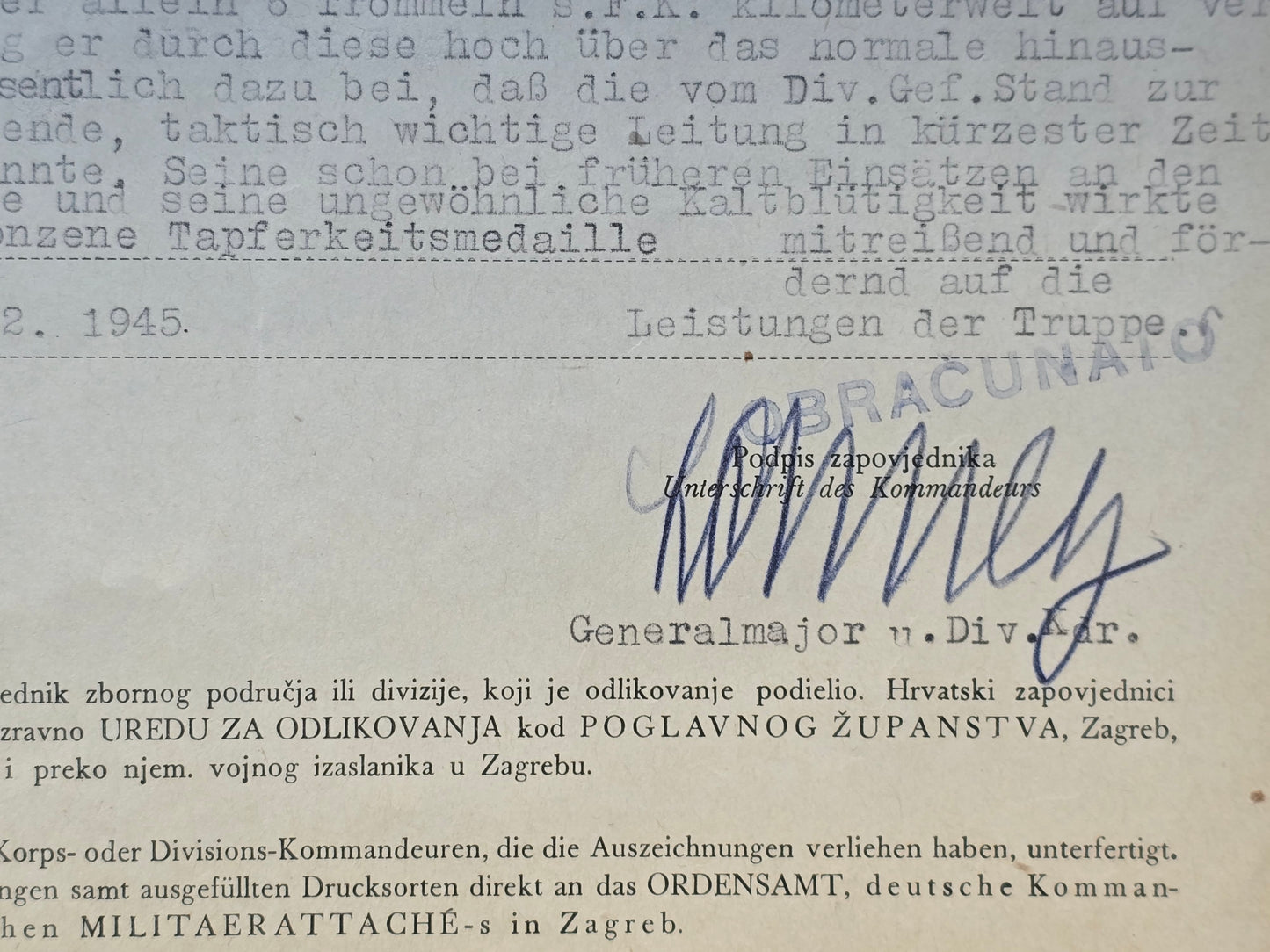 2 x Verleihungsurkunde (kroatisch) Feldwebel 1./N.A.G. 12 Bronzene Zvonimir Medaille + Gefreiter Bronzene Tapferkeitsmedaille
