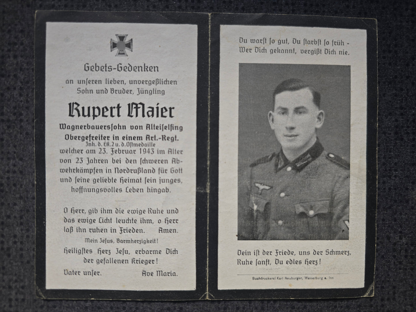 Sterbebild Obergefreiter Alteiselfing 2. Batterie Art. Regt. 212 Nikolskoje Russland
