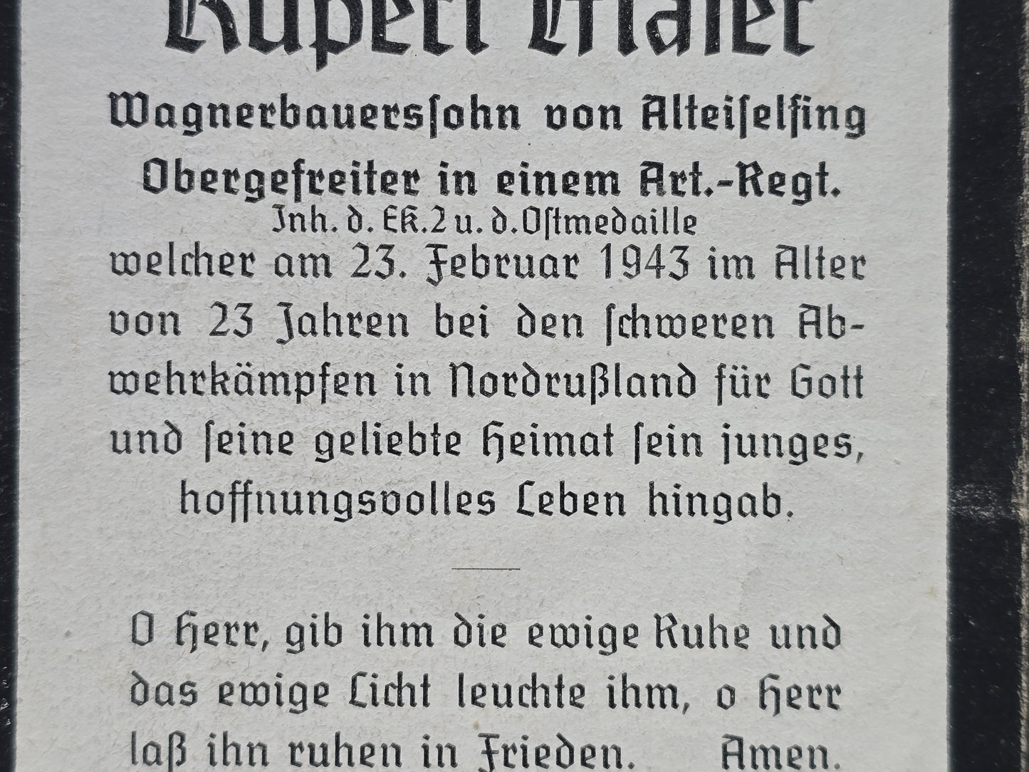 Sterbebild Obergefreiter Alteiselfing 2. Batterie Art. Regt. 212 Nikolskoje Russland