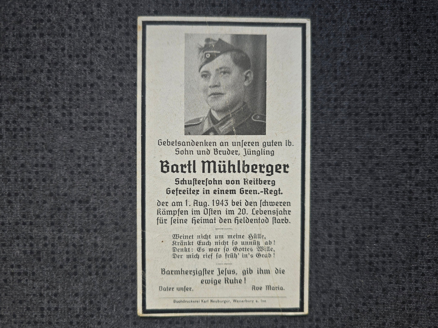 Sterbebild Gefreiter Bachmering 3. Komp. Gren. Regt. 331 Wissloje Russland