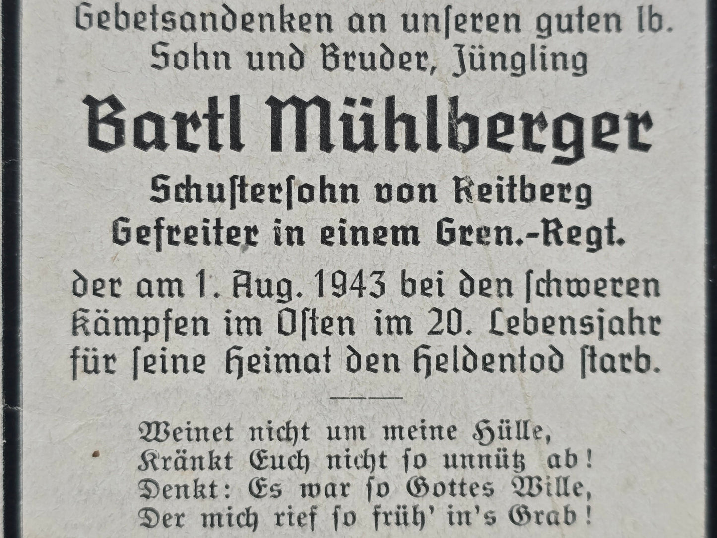 Sterbebild Gefreiter Bachmering 3. Komp. Gren. Regt. 331 Wissloje Russland