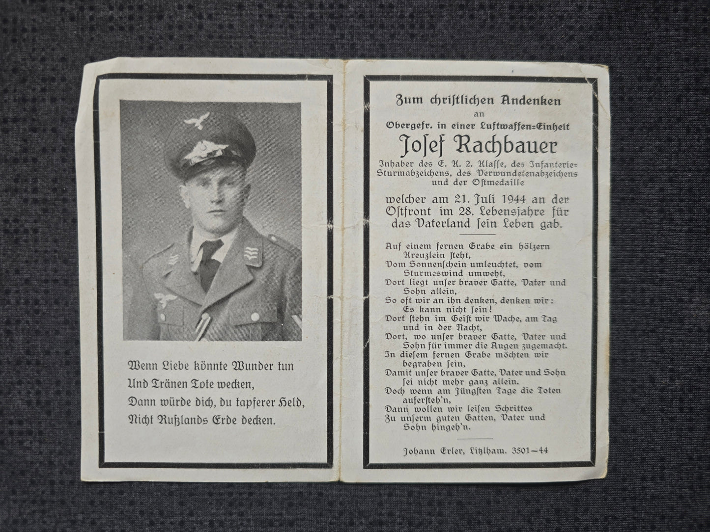 Sterbebild Obergefreiter Höhnhart Luftwaffen-Feldeinheit EK II Bobruisk Weissrussland