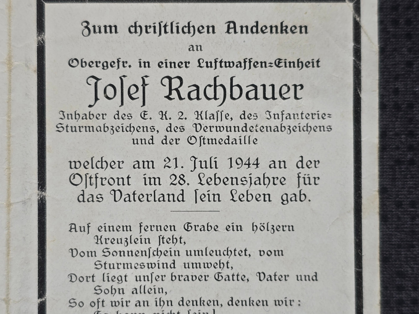 Sterbebild Obergefreiter Höhnhart Luftwaffen-Feldeinheit EK II Bobruisk Weissrussland