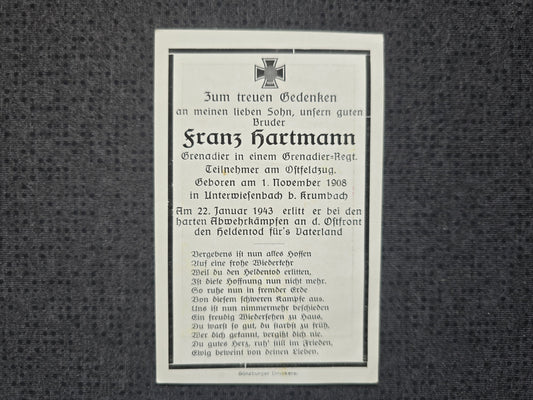 Sterbebild Grenadier Krumbach Grenadier Regt. Abwehrkampf Ostfront