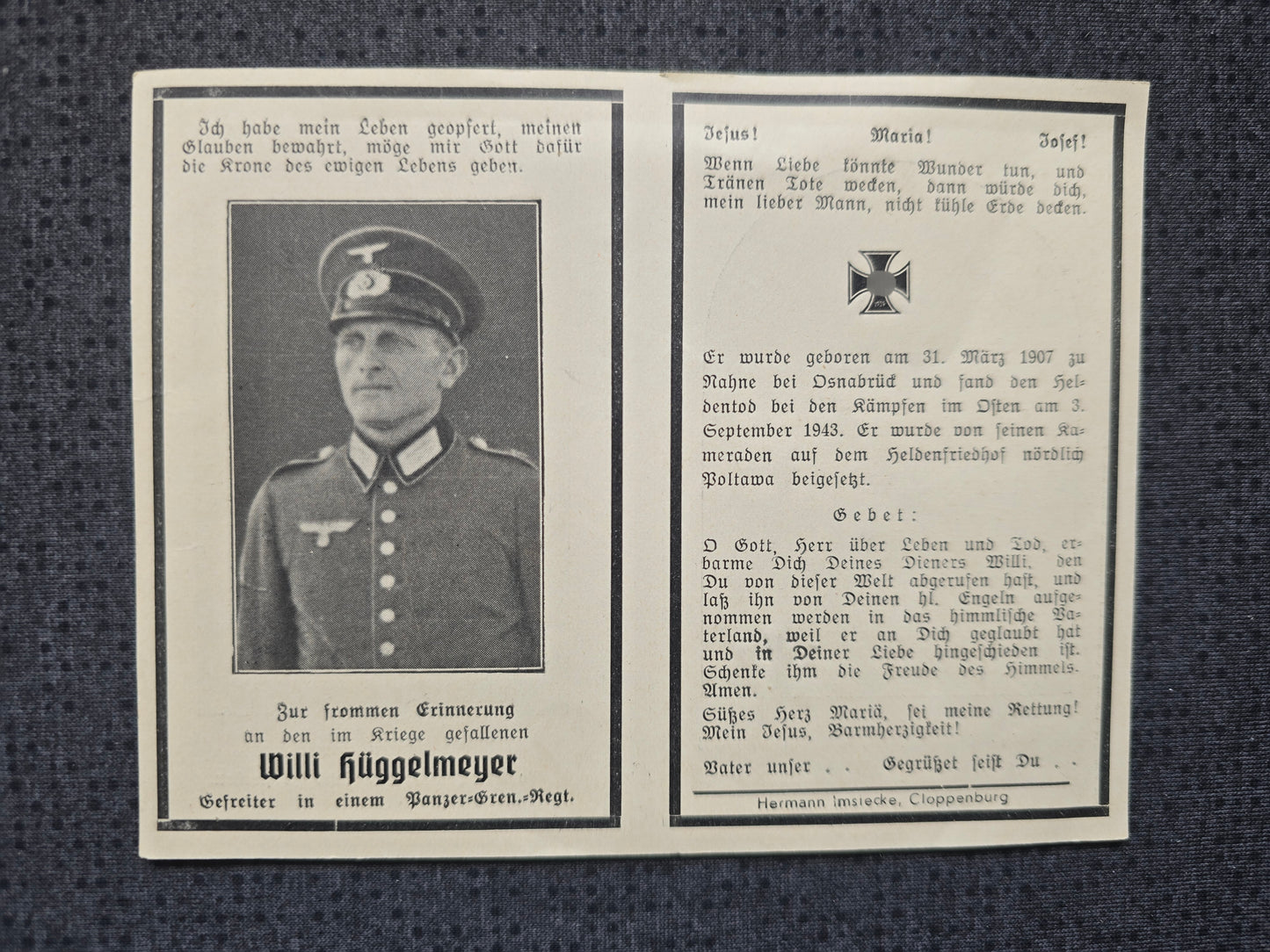 Sterbebild Gefreiter Osnabrück Panzer-Grenadier Regt. Poltawa Ukraine