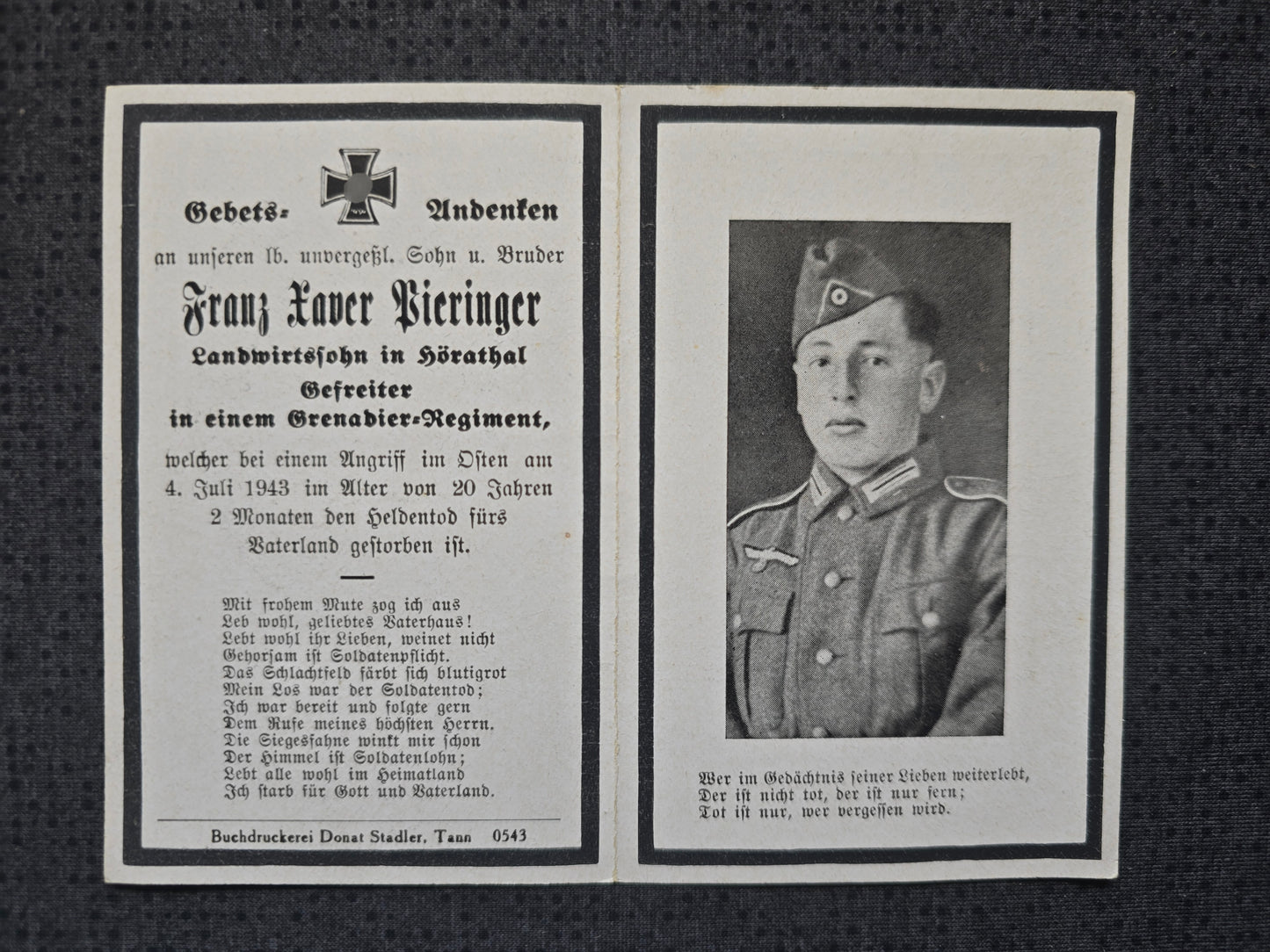 Sterbebild Gefreiter Hörathal 8. Komp. Gren. Regt. 339 Nowo Tscherkaskoje Russland