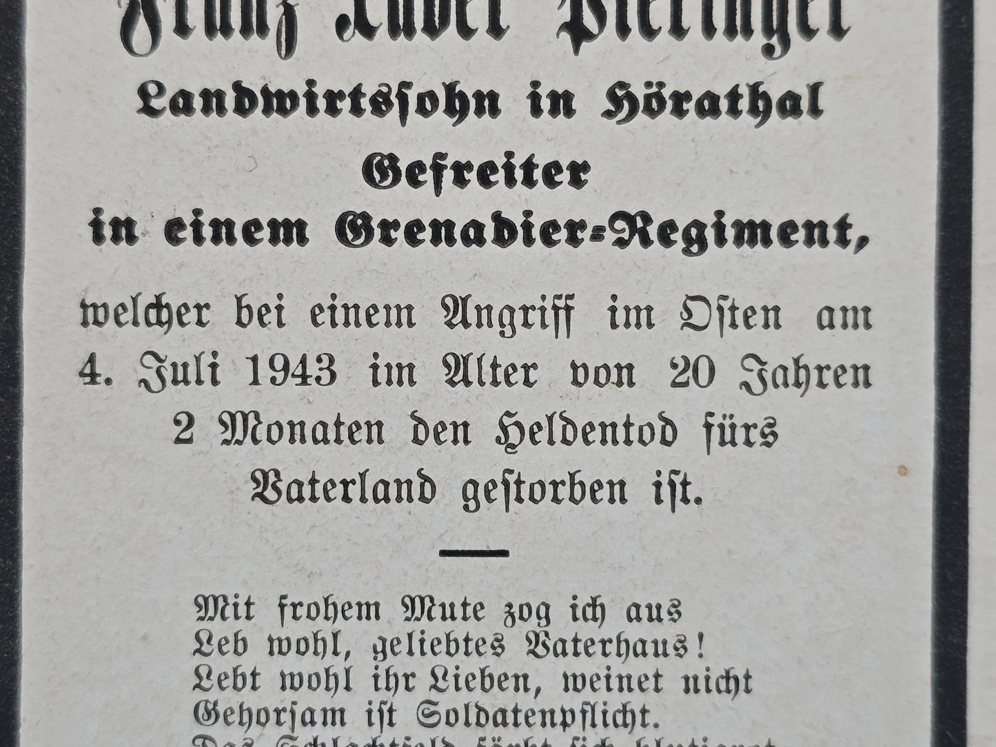 Sterbebild Gefreiter Hörathal 8. Komp. Gren. Regt. 339 Nowo Tscherkaskoje Russland