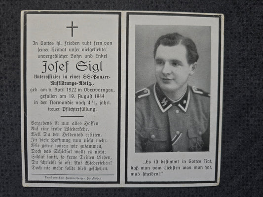 Sterbebild SS-Unterscharführer Oberwarngau SS-Panzer Aufklärungs-Abt. Normandie Champigny-St. Andre Frankreich