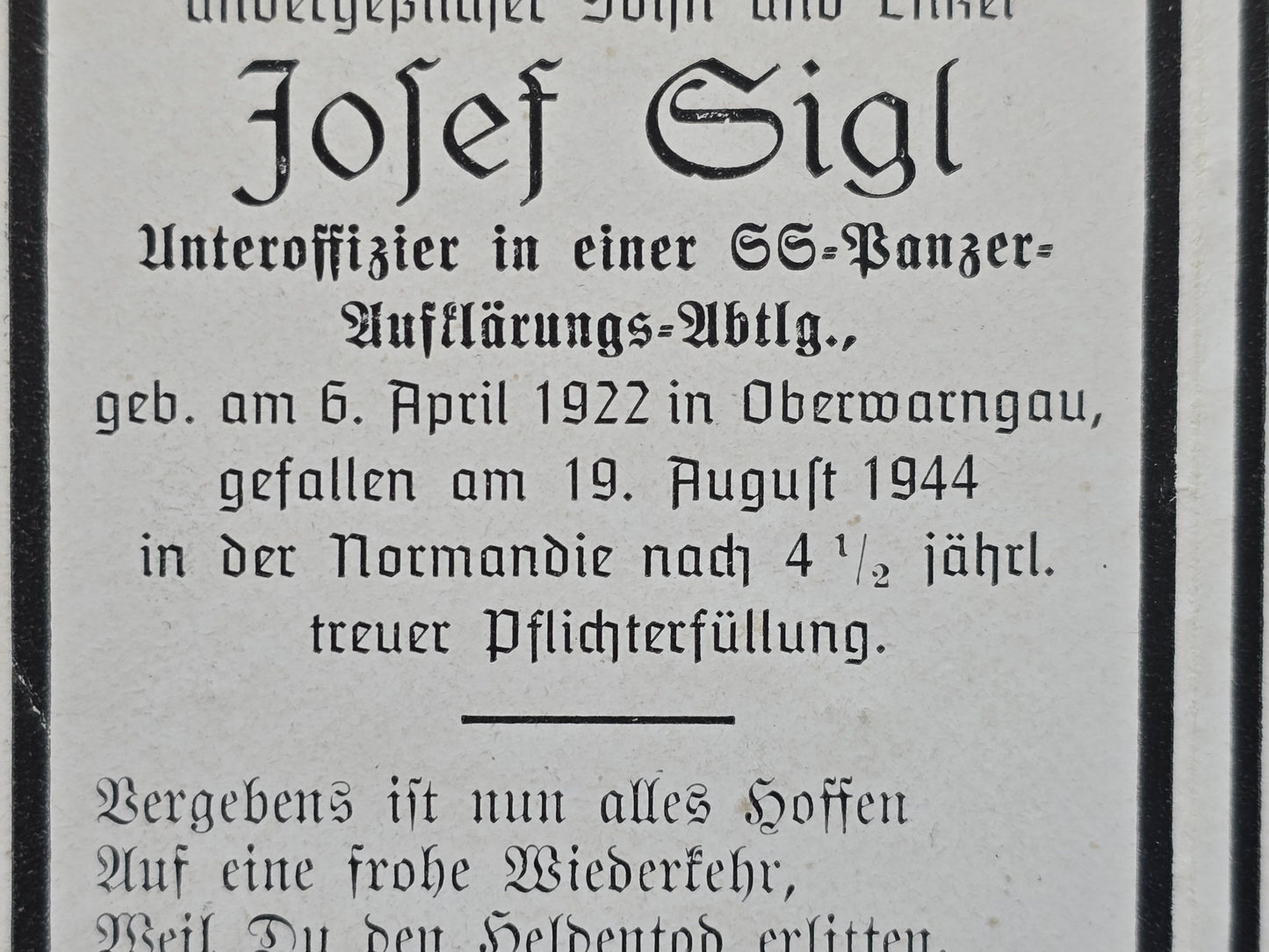 Sterbebild SS-Unterscharführer Oberwarngau SS-Panzer Aufklärungs-Abt. Normandie Champigny-St. Andre Frankreich