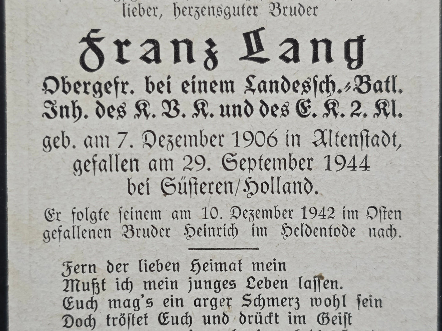 Sterbebild Obergefreiter Altenstadt 3. Landesschützen Btl. 254 Susteren Limburg Ysselsteyn Holland