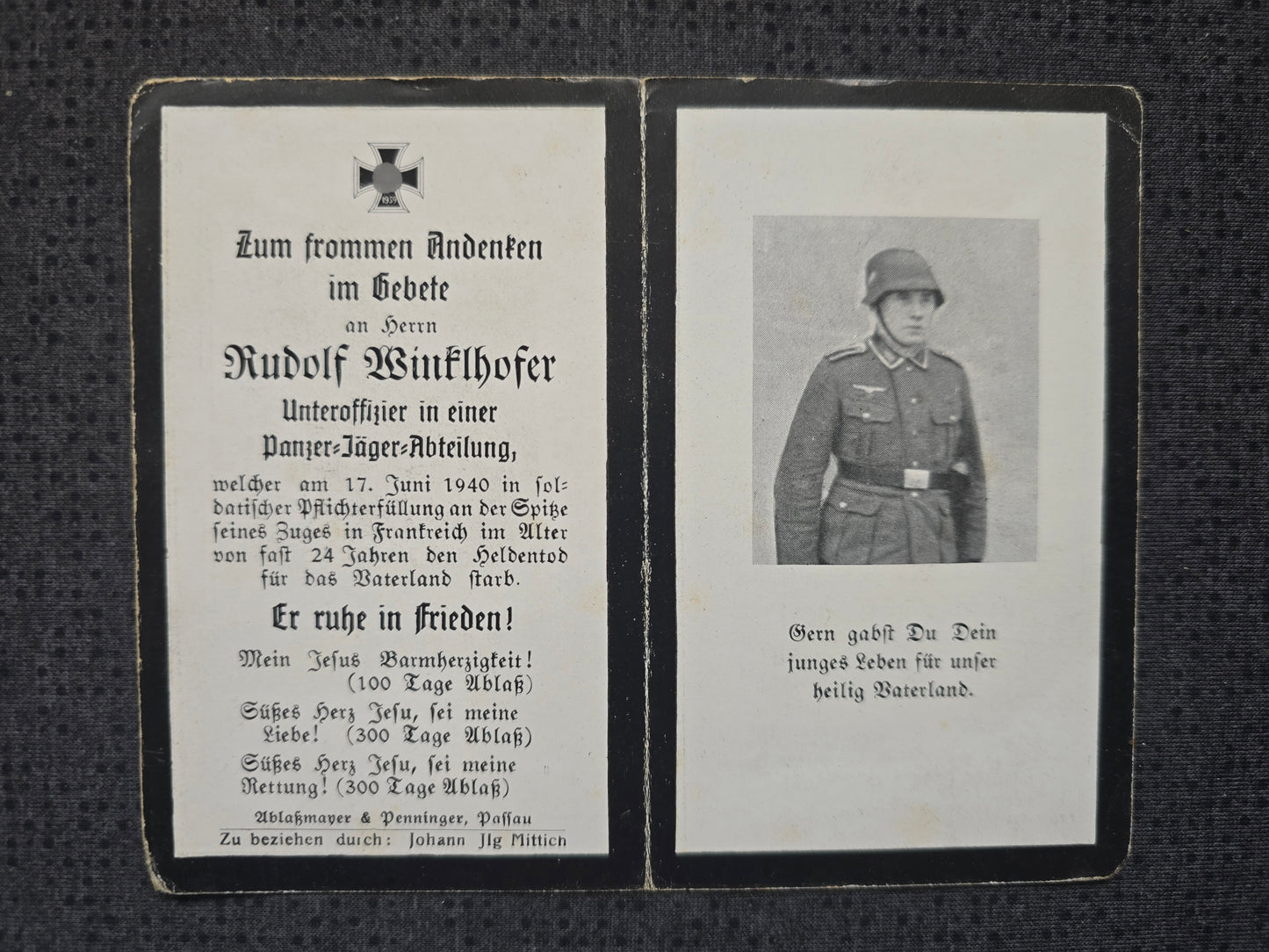 Sterbebild Unteroffizier 2. Panzer-Jäger Abt. 173 Zugspitze Vesaignes-sur-Marne Frankreich