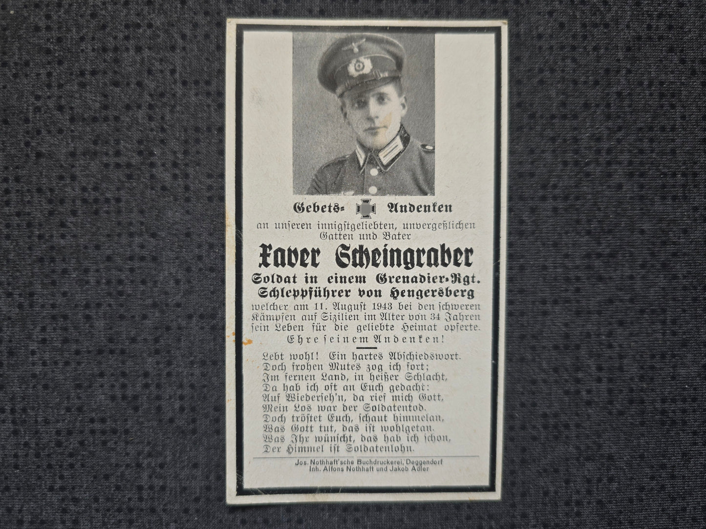 Sterbebild Grenadier Ernsting 2. Festung Btl. 904 Sizilien Cassino Italien