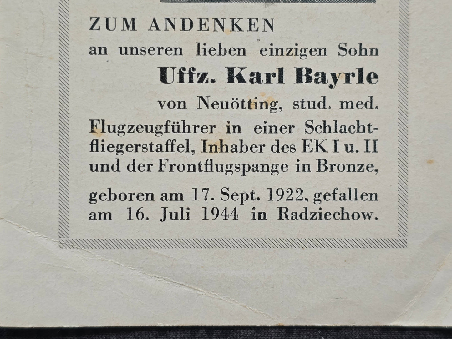 Sterbebild Unteroffizier Neuötting Pilot 10. Staffel Schlachtgeschwader 9 FFS Bronze Radziechow Polen