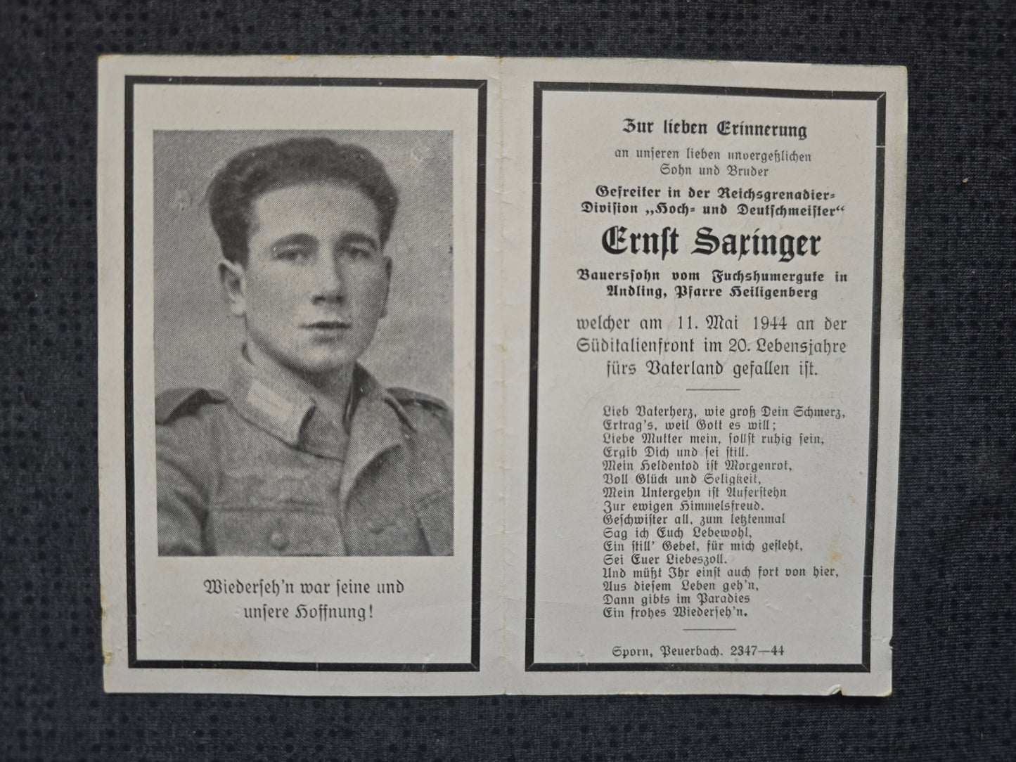Sterbebild Gefreiter Oberkappel 10. Gren. Regt. 132 "Hoch & Deutschmeister" Terelle Cassino Italien
