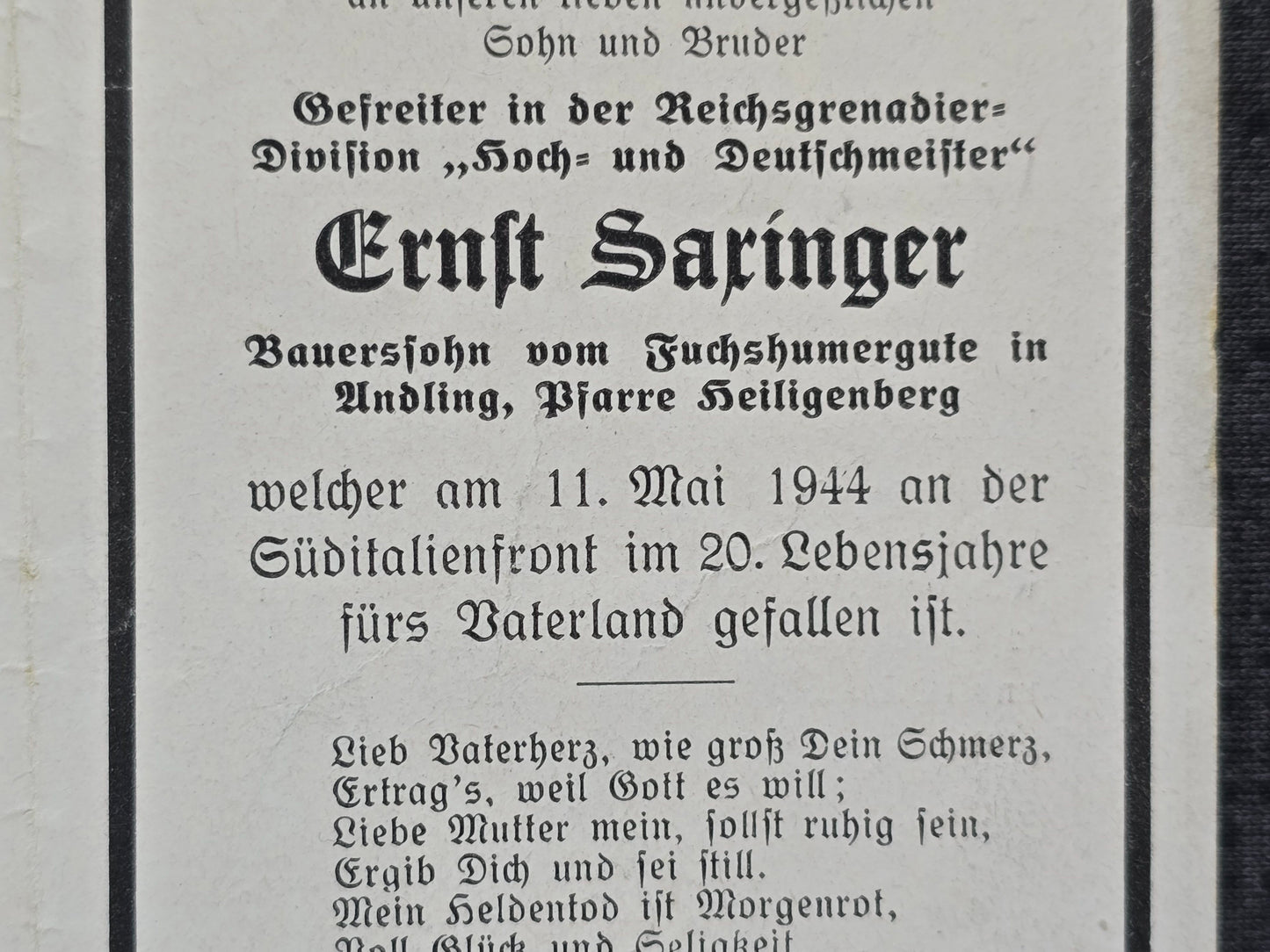 Sterbebild Gefreiter Oberkappel 10. Gren. Regt. 132 "Hoch & Deutschmeister" Terelle Cassino Italien