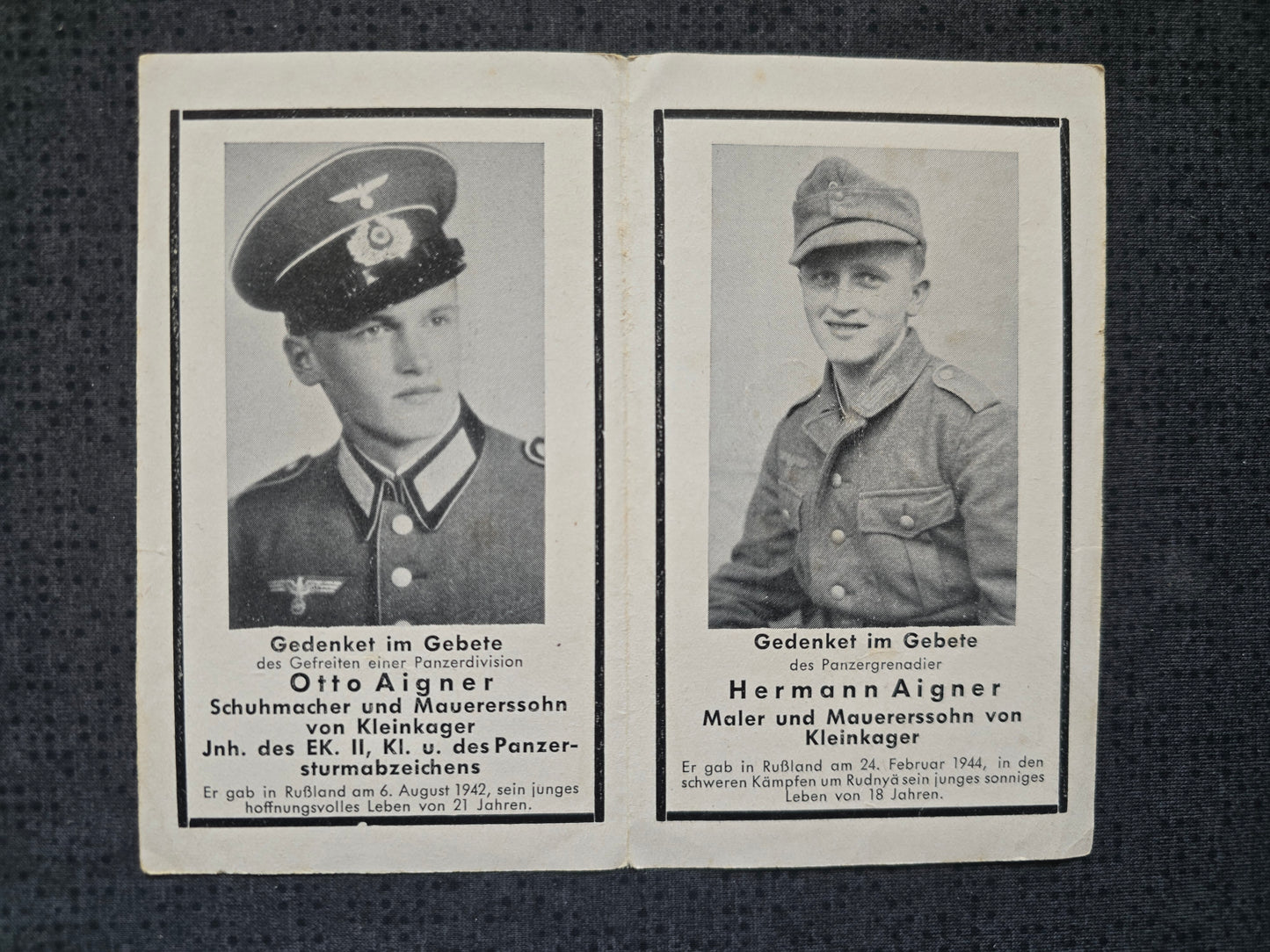 Sterbebild 3 Brüder Kleinkager Gefreiter 7. Inf. Regt. 40 PSA Panzergrenadier Gefreiter Luftbau Komp. 1/17/XVII Brüssel Lommel Belgien