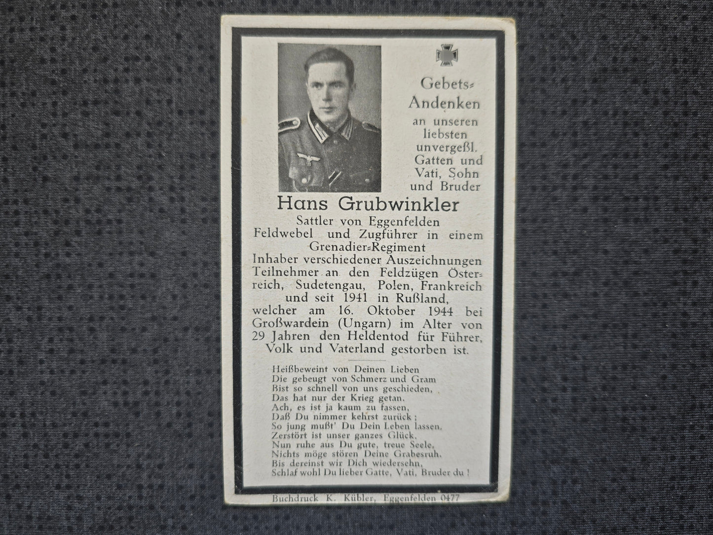 Sterbebild Feldwebel Eggenfelden Zugführer Grenadier Regt. Großwardein Oradea Ungarn Rumänien