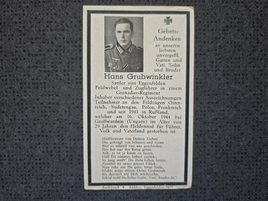 Sterbebild Feldwebel Eggenfelden Zugführer Grenadier Regt. Großwardein Oradea Ungarn Rumänien