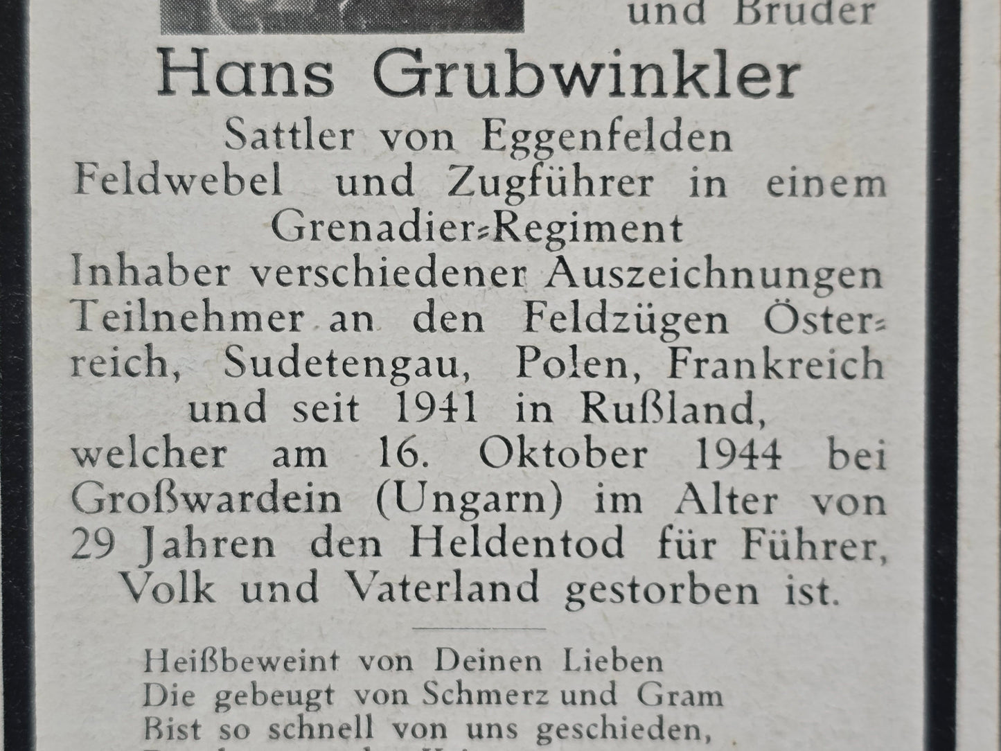 Sterbebild Feldwebel Eggenfelden Zugführer Grenadier Regt. Großwardein Oradea Ungarn Rumänien