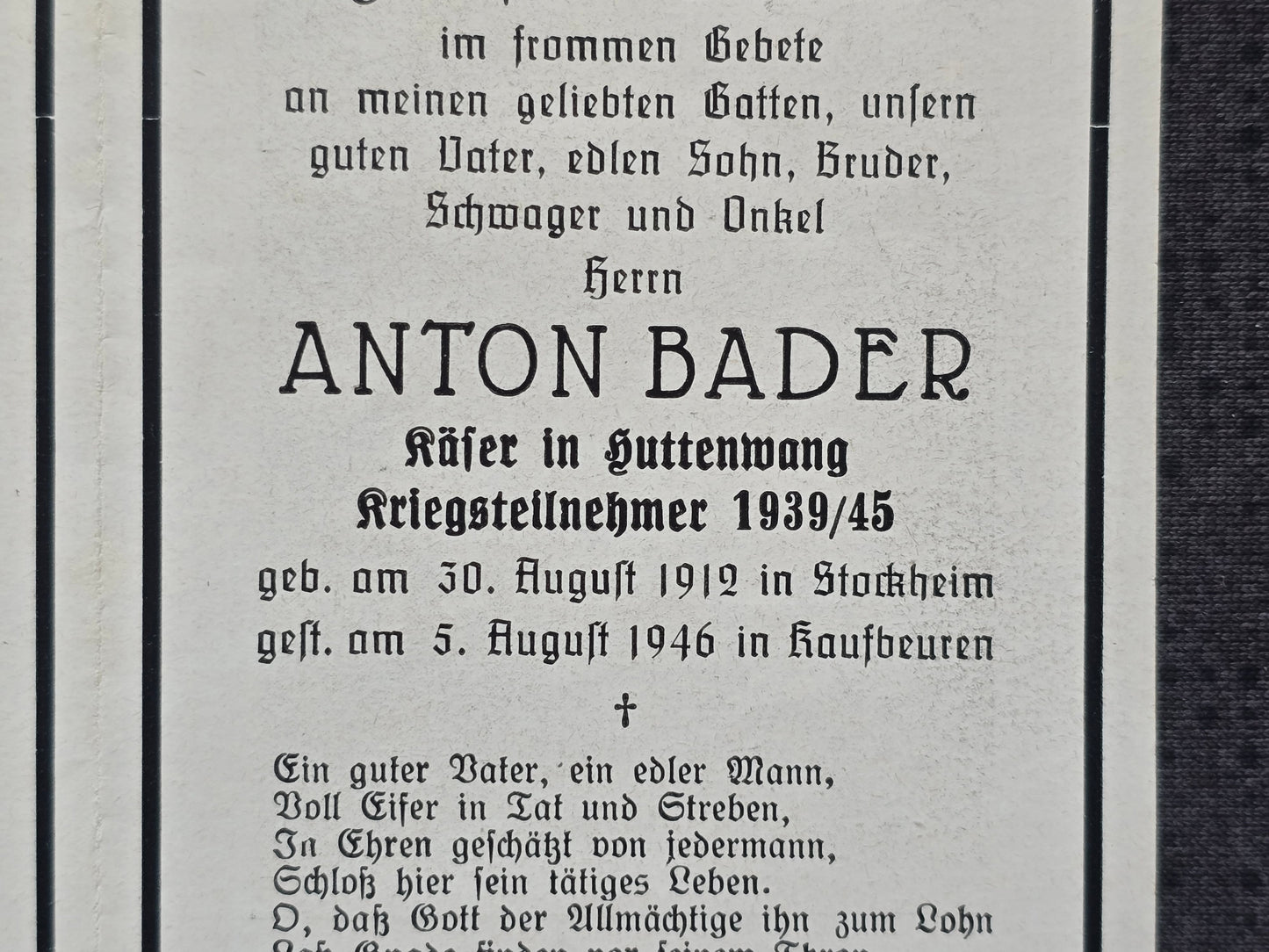 Sterbebild Gefreiter Stockheim Endkampf Kaufbeuren Deutschland
