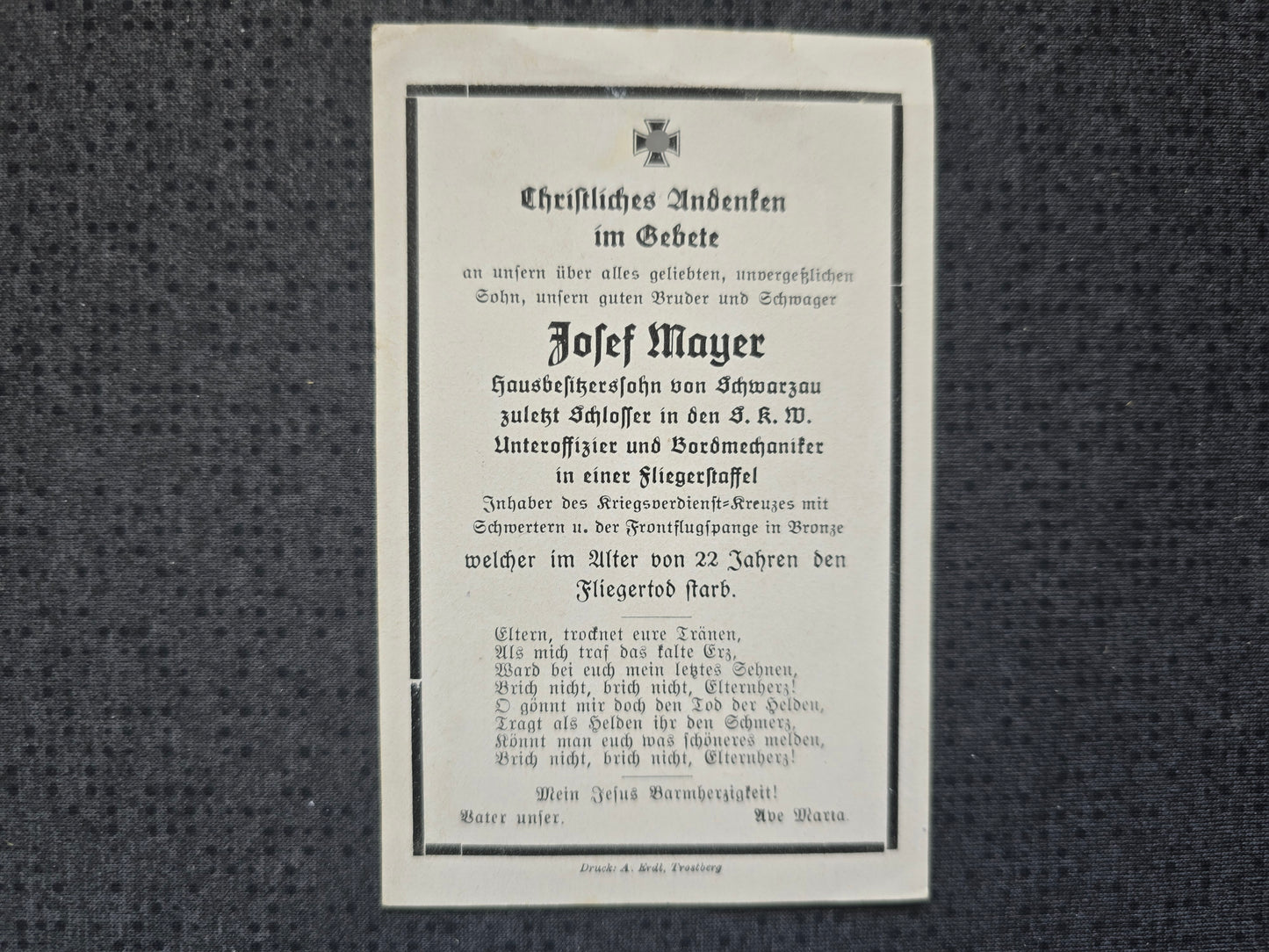 Sterbebild Unteroffizier Schwarzau Bordmechaniker Fliegerstaffel FFS Bronze Fliegertod