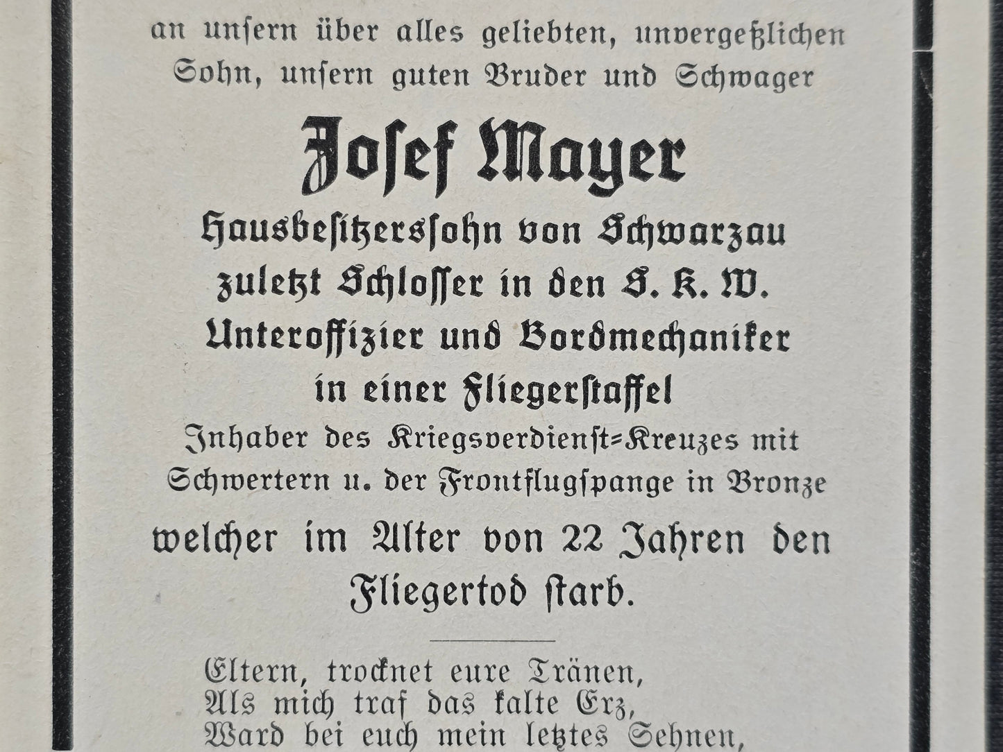 Sterbebild Unteroffizier Schwarzau Bordmechaniker Fliegerstaffel FFS Bronze Fliegertod