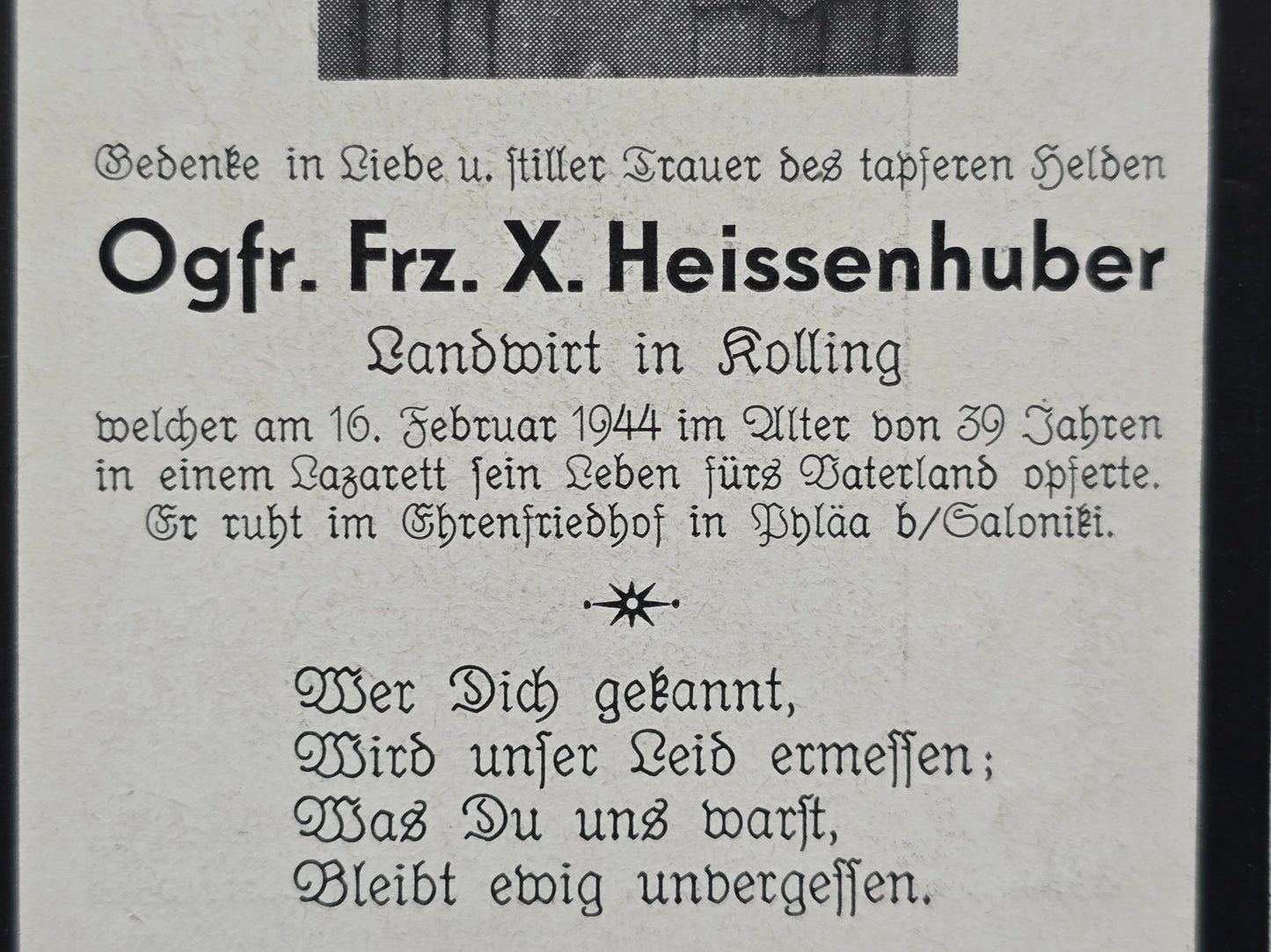 Sterbebild Obergefreiter Niederpöring Pylea Saloniki Griechenland