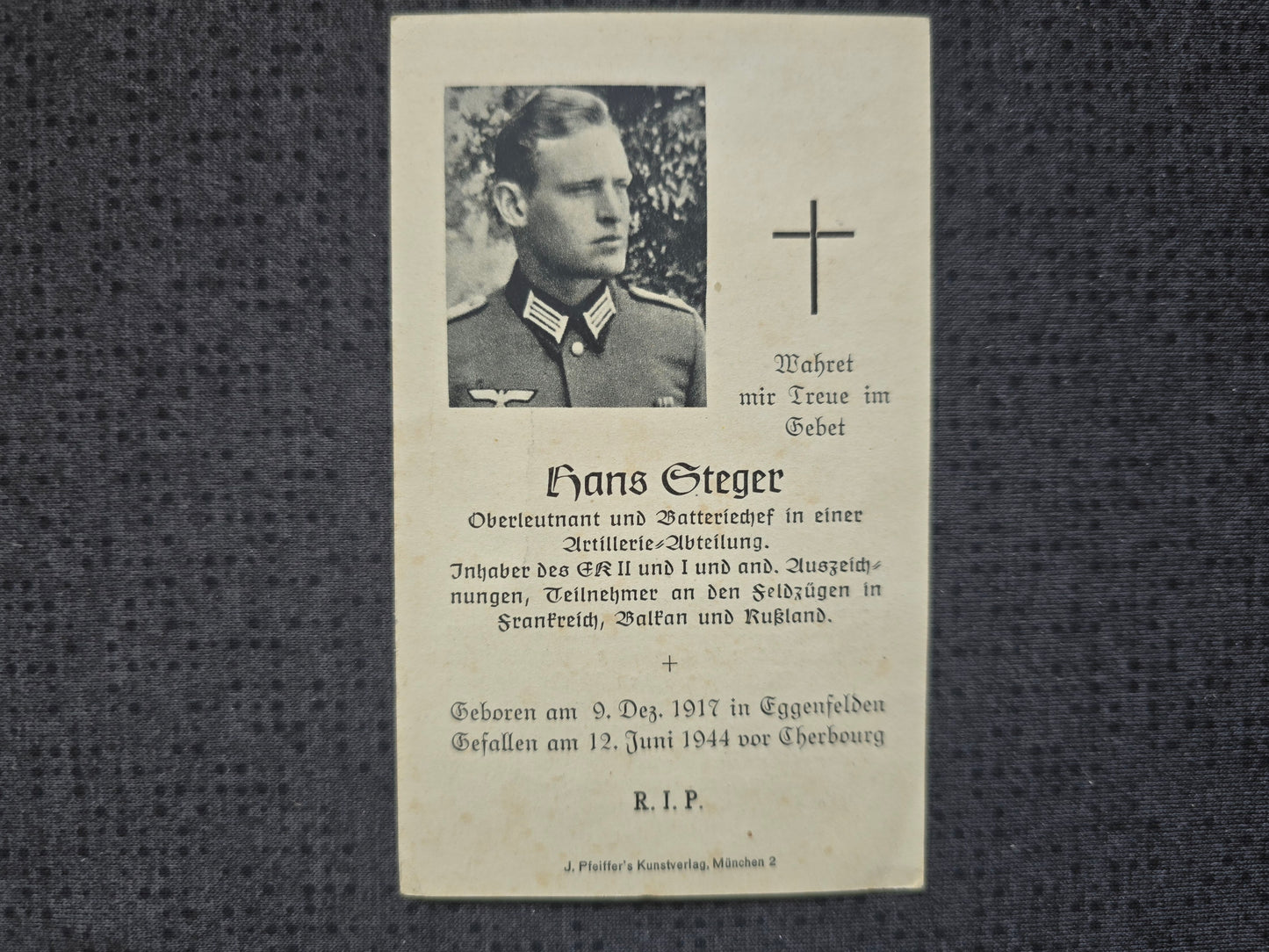 Sterbebild Oberleutnant Eggenfelden Batteriechef Artillerie Regt. EK I&II Cherbourg Normandie Frankreich