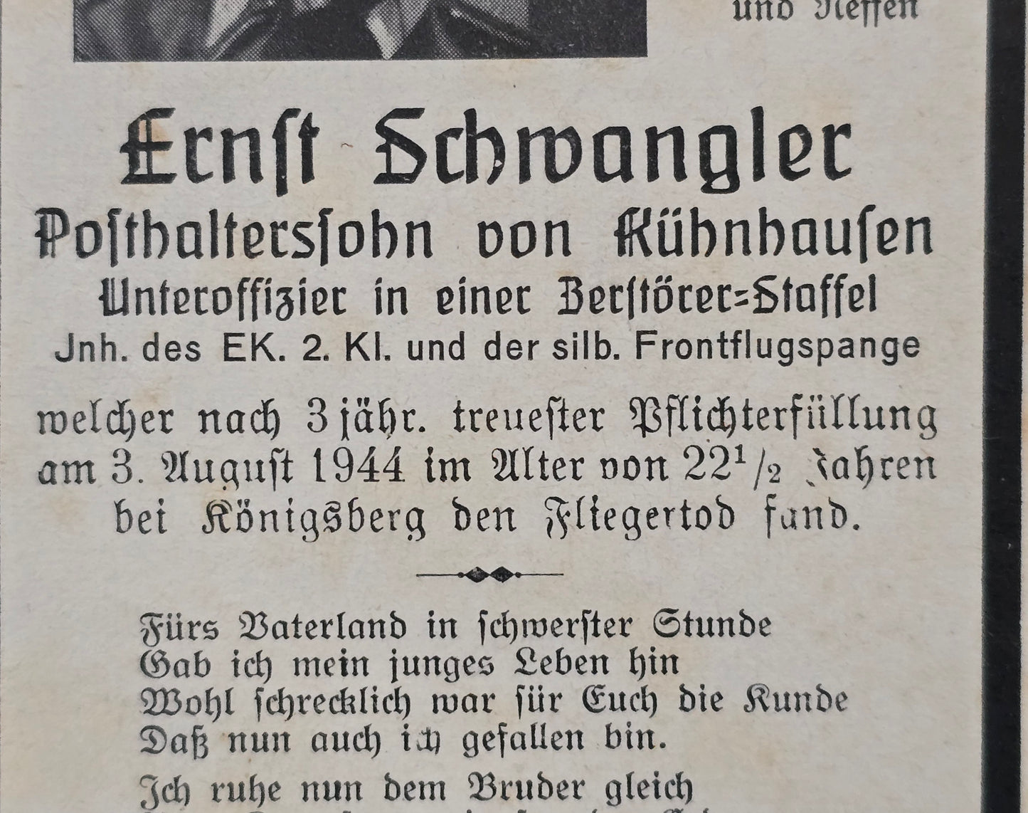 Sterbebild Unteroffizier Lampolding Bordfunker 4./ZG-76 FFS Silber Seerappen Königsberg Russland