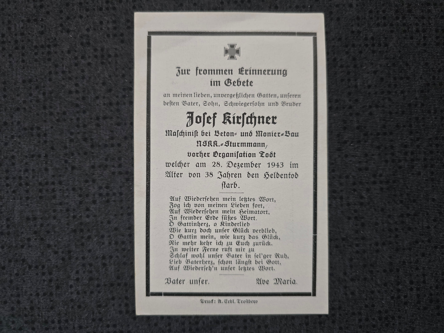 Sterbebild NSKK-Sturmmann vorher Organisation Todt O.T.