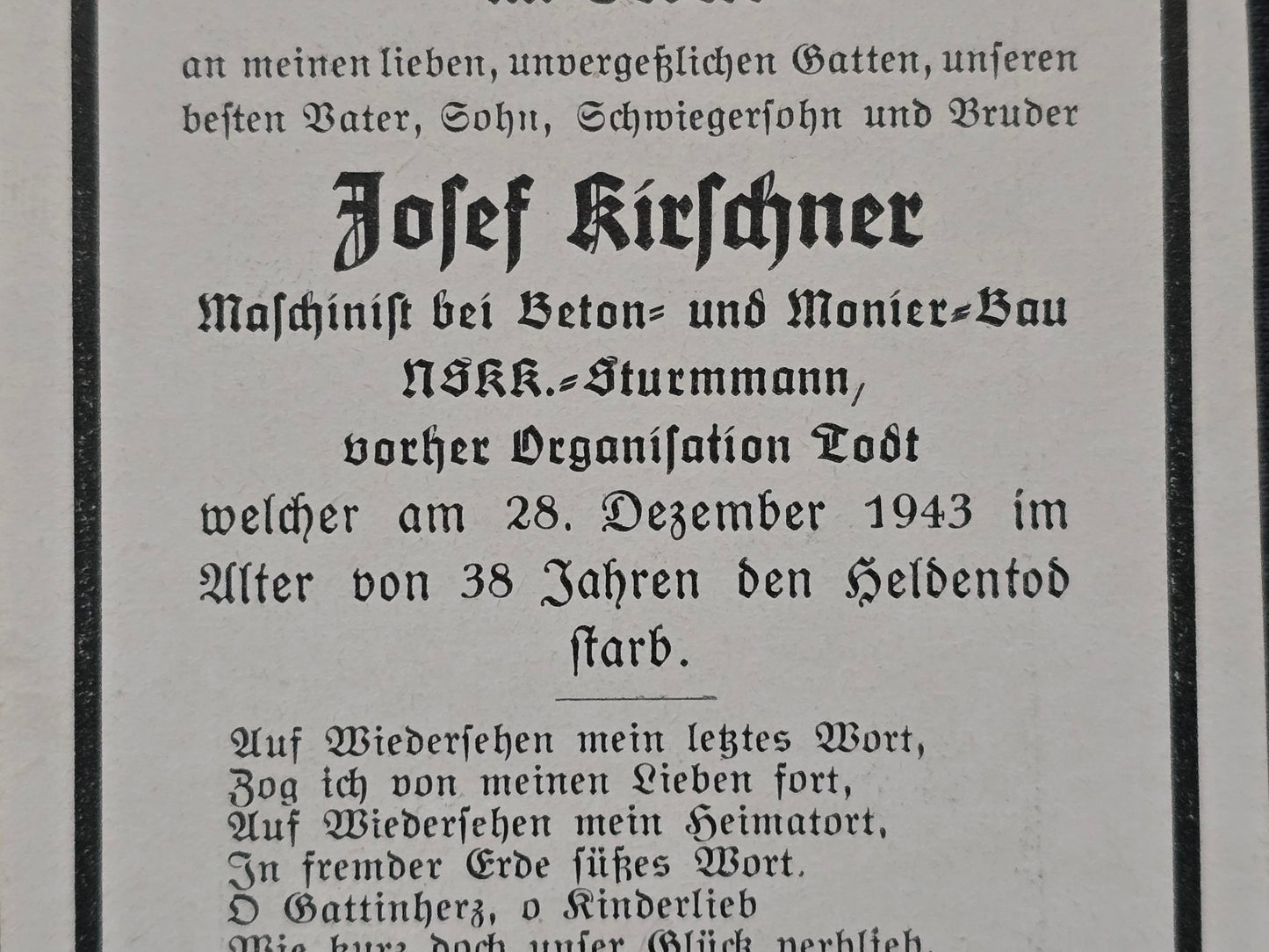 Sterbebild NSKK-Sturmmann vorher Organisation Todt O.T.
