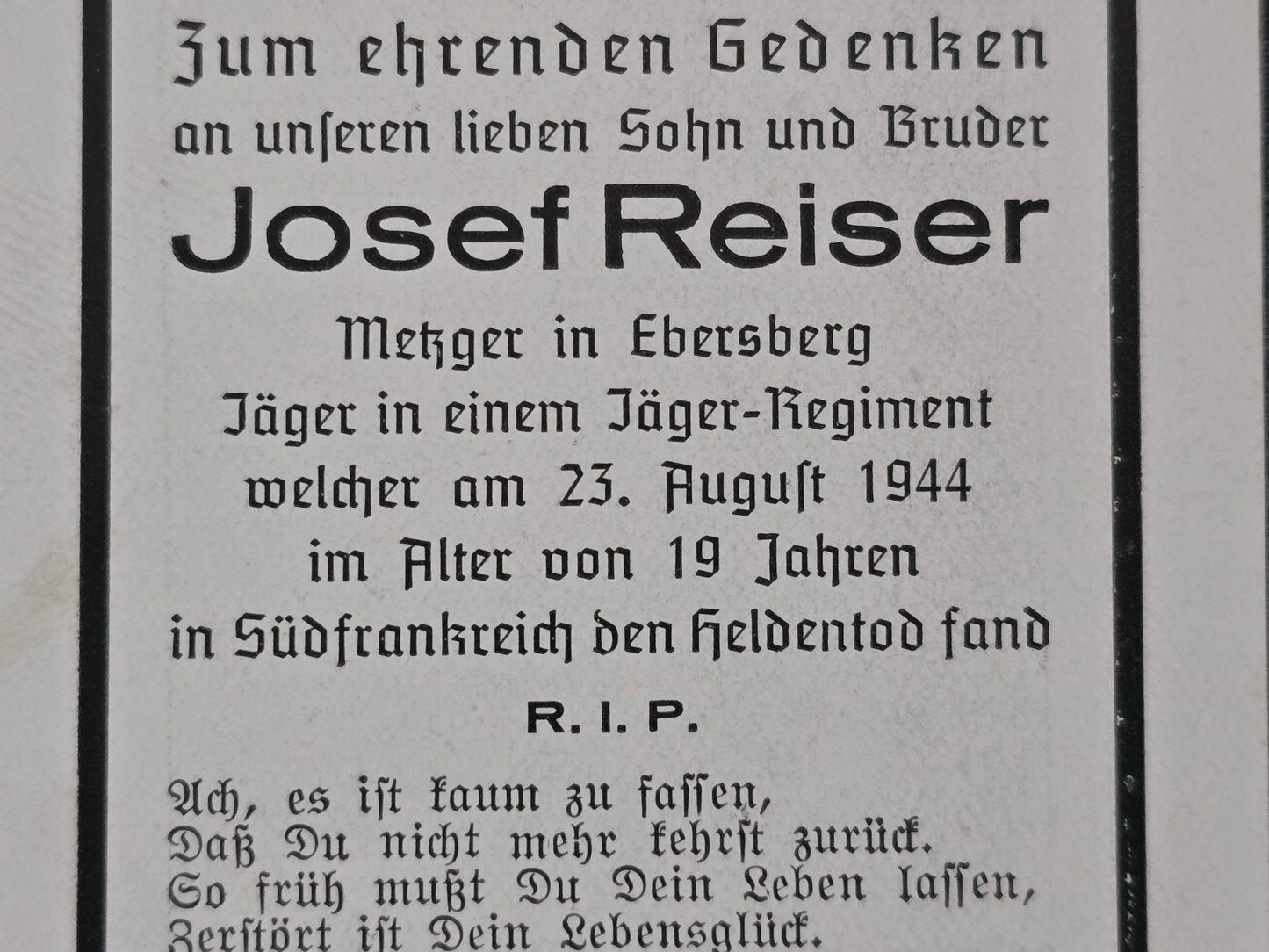 Sterbebild Jäger Zorneding 4. Gebirgsjäger Btl. 99 Briancon Dagneux Frankreich