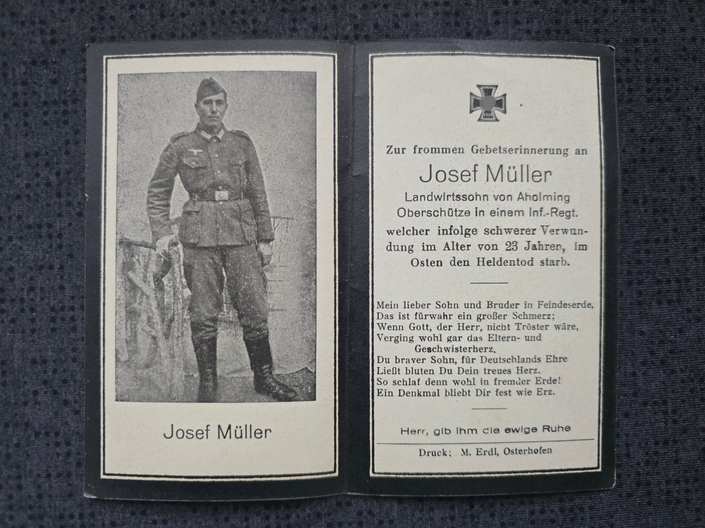 Sterbebild Oberschütze Aholming Infanterie Regt. Osten