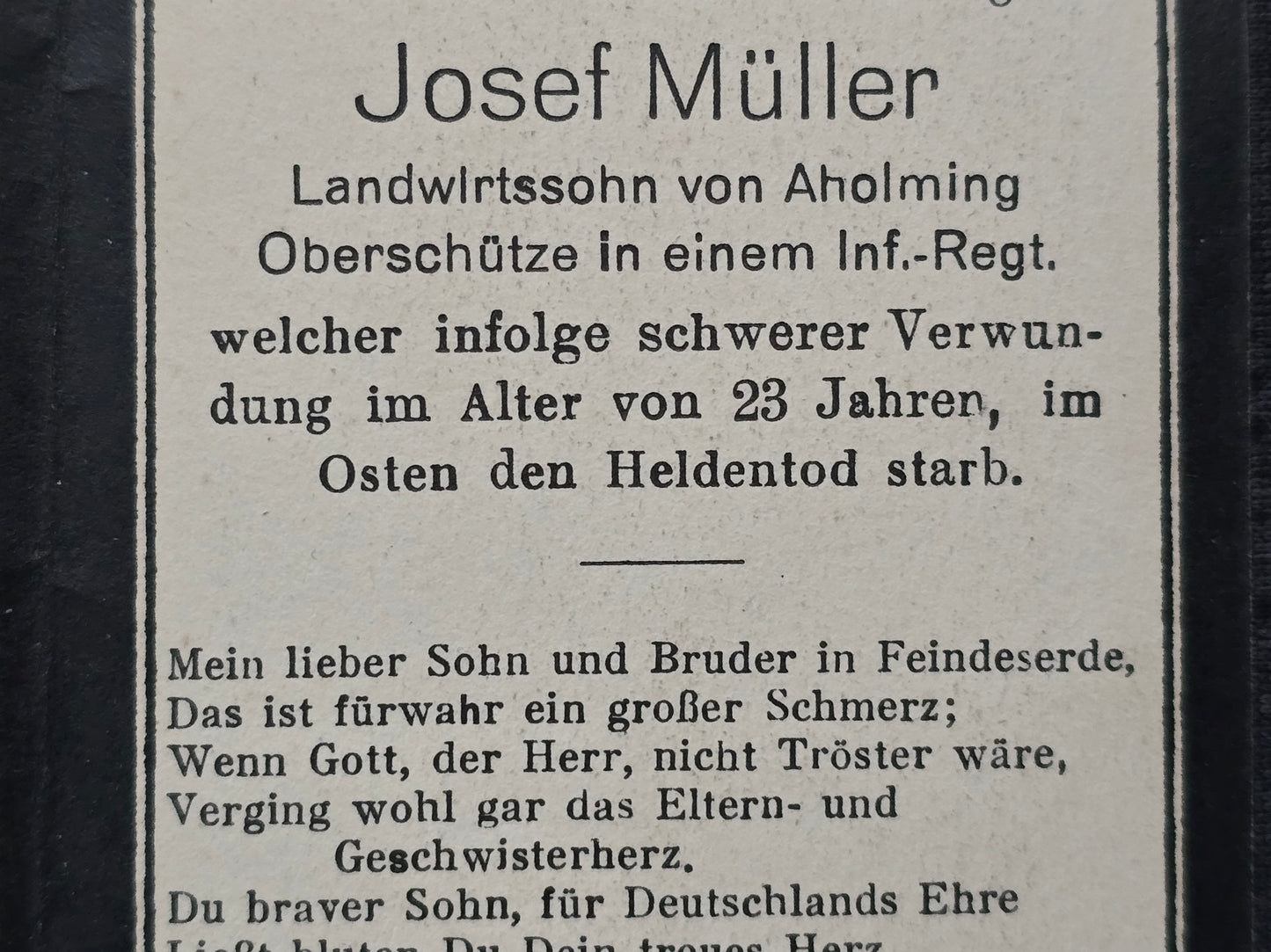 Sterbebild Oberschütze Aholming Infanterie Regt. Osten