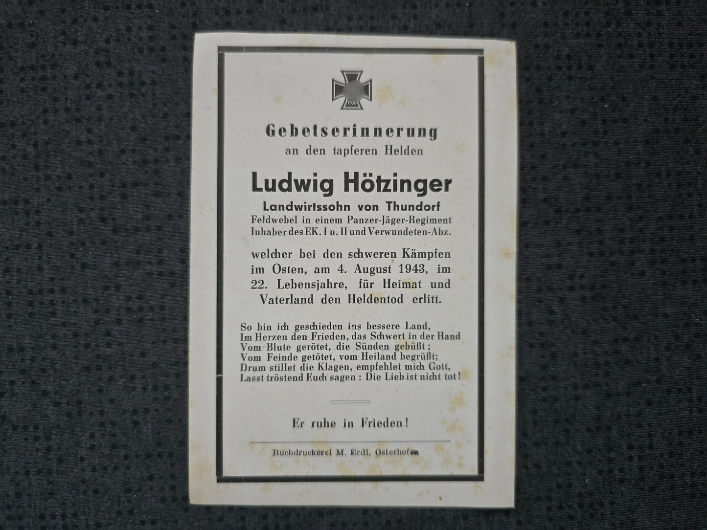 Sterbebild Feldwebel Thundorf 5. Komp. Pz.-Gren. Regt. 40 Golaja Dolino Ukraine
