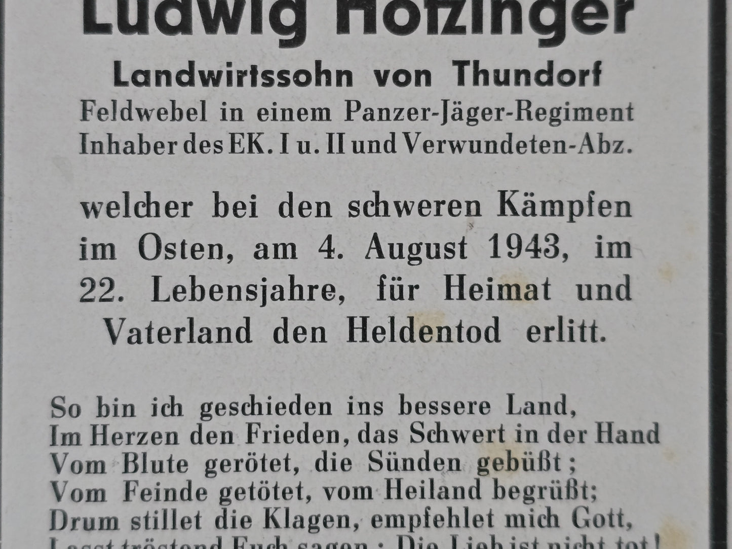 Sterbebild Feldwebel Thundorf 5. Komp. Pz.-Gren. Regt. 40 Golaja Dolino Ukraine