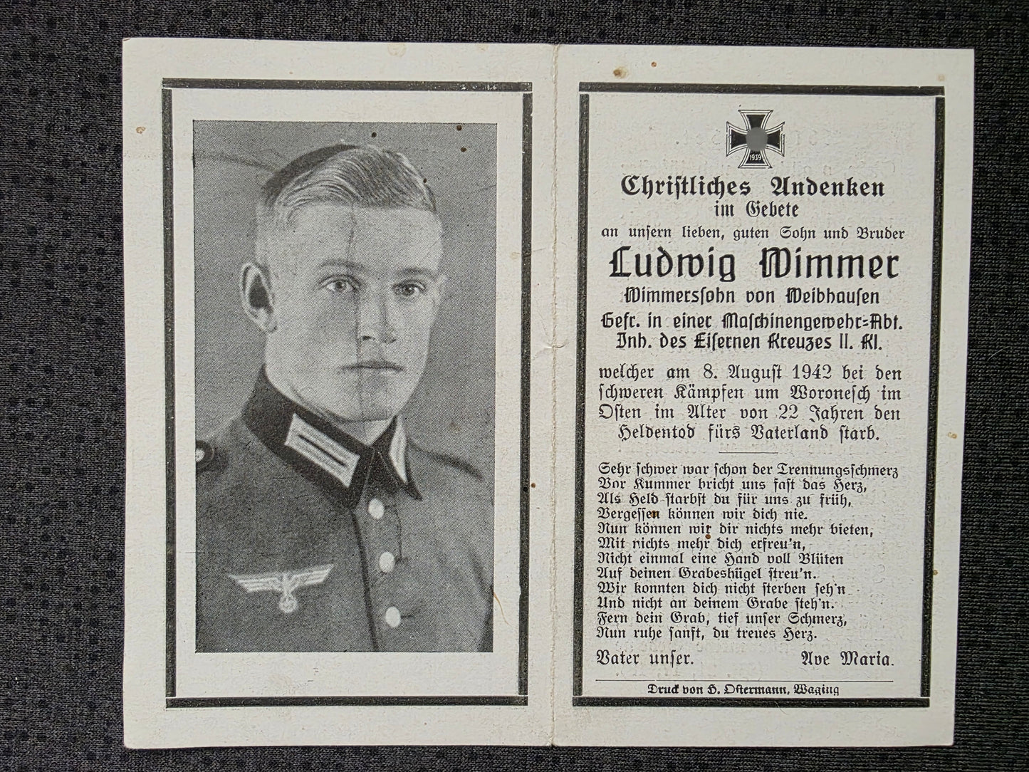 Sterbebild Gefreiter Weibhausen 11. Komp. Inf. Regt. 217 MG-Abteilung Woronesh Russland