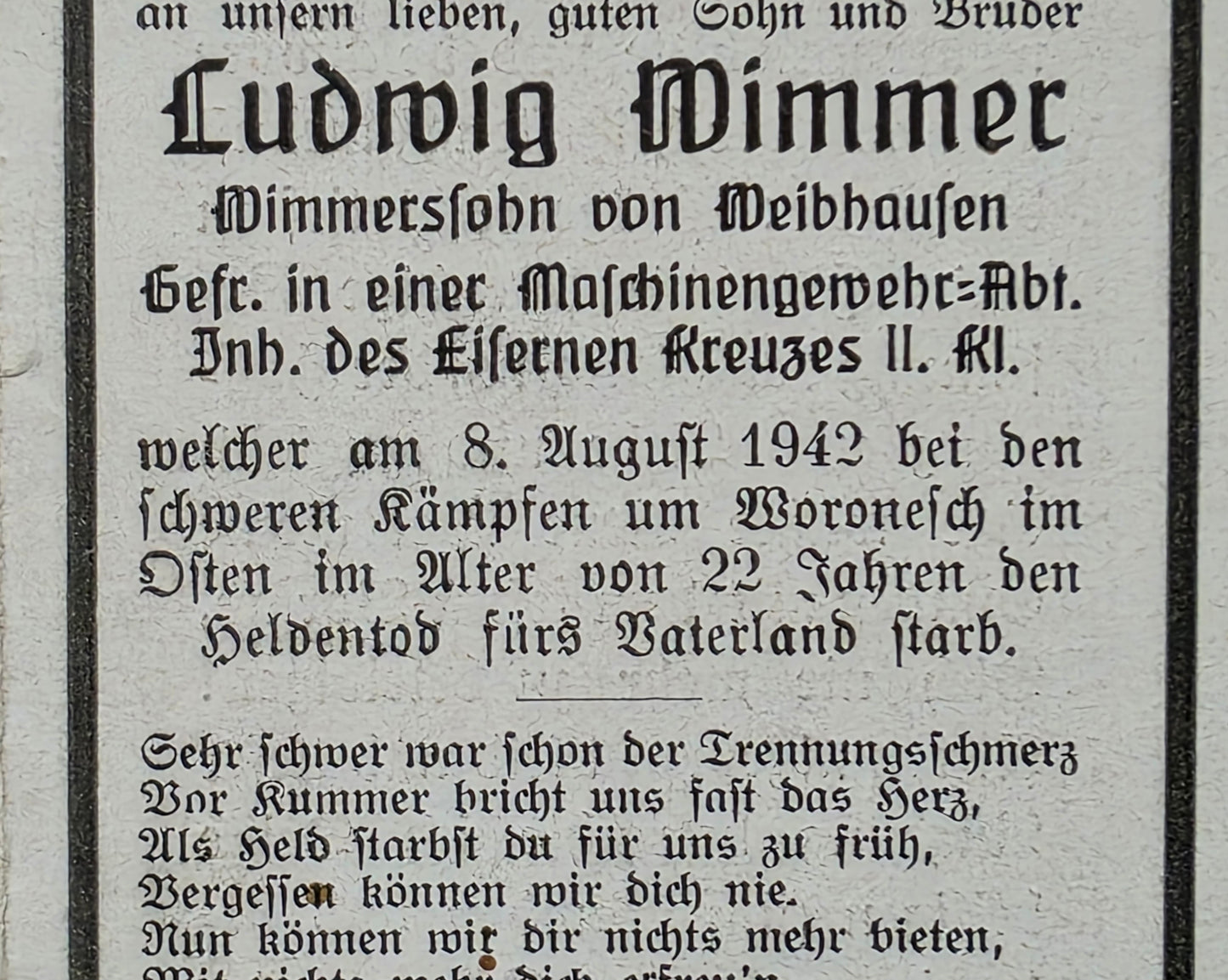 Sterbebild Gefreiter Weibhausen 11. Komp. Inf. Regt. 217 MG-Abteilung Woronesh Russland
