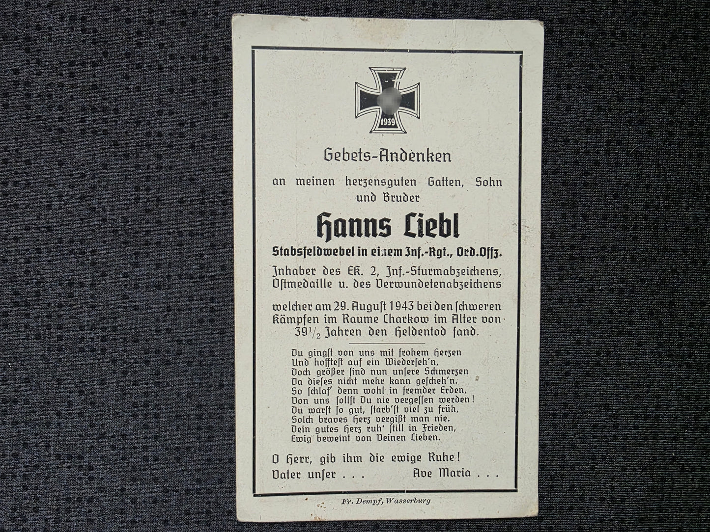 Sterbebild Stabsfeldwebel Ordonanz Offizier Infanterie Regt. Charkow Ukraine