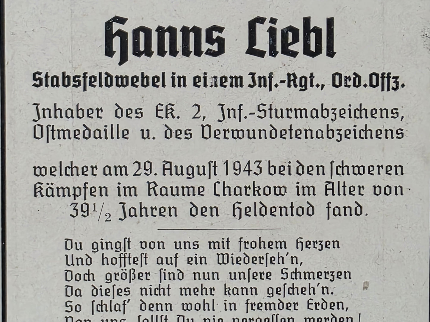 Sterbebild Stabsfeldwebel Ordonanz Offizier Infanterie Regt. Charkow Ukraine