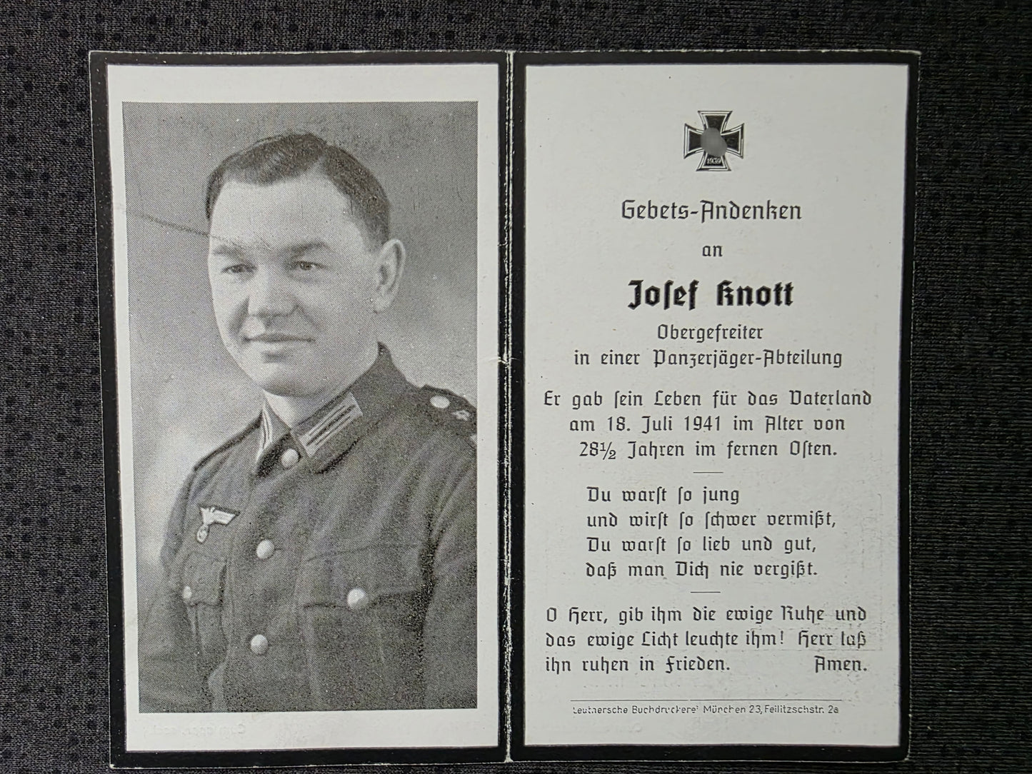 Sterbebild Obergefreiter München 2. Komp. Panzerjäger Abt. 7 Zerkowischtsche Weissrussland