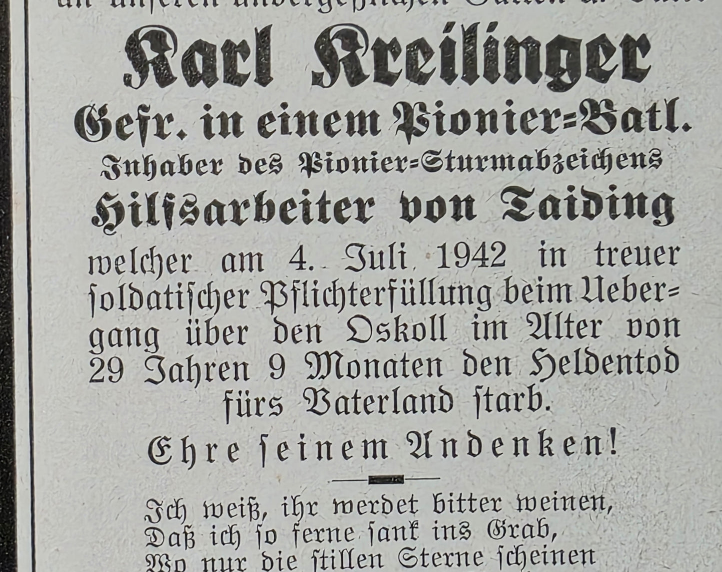 Sterbebild Gefreiter Söldenreuth 3. Komp. Pionier Btl. 672 Wolokonowka Oskoll Russland